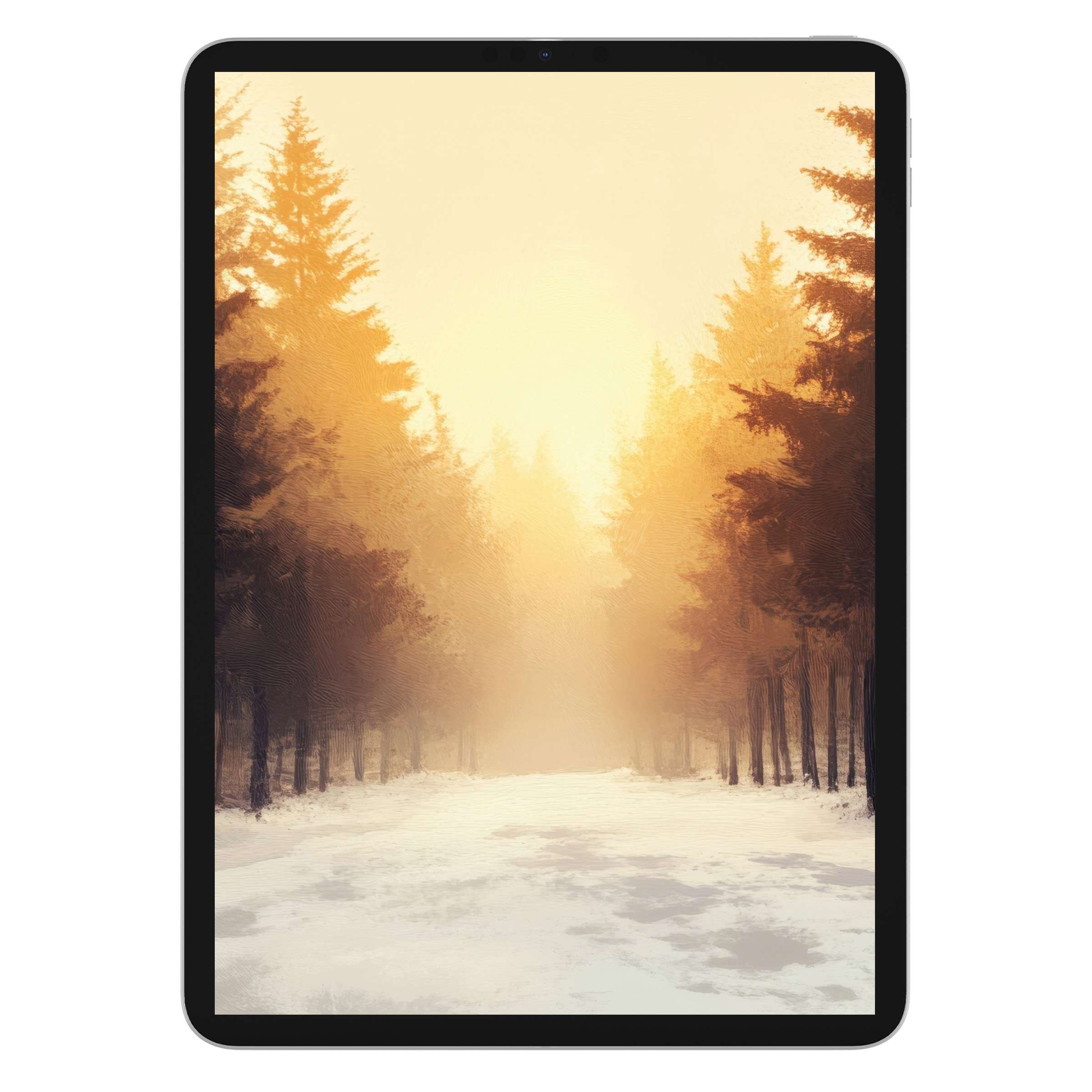 Winter iPad wallpaper digital download featuring serene snow-covered forest painting background for elegant tablet screen aesthetics