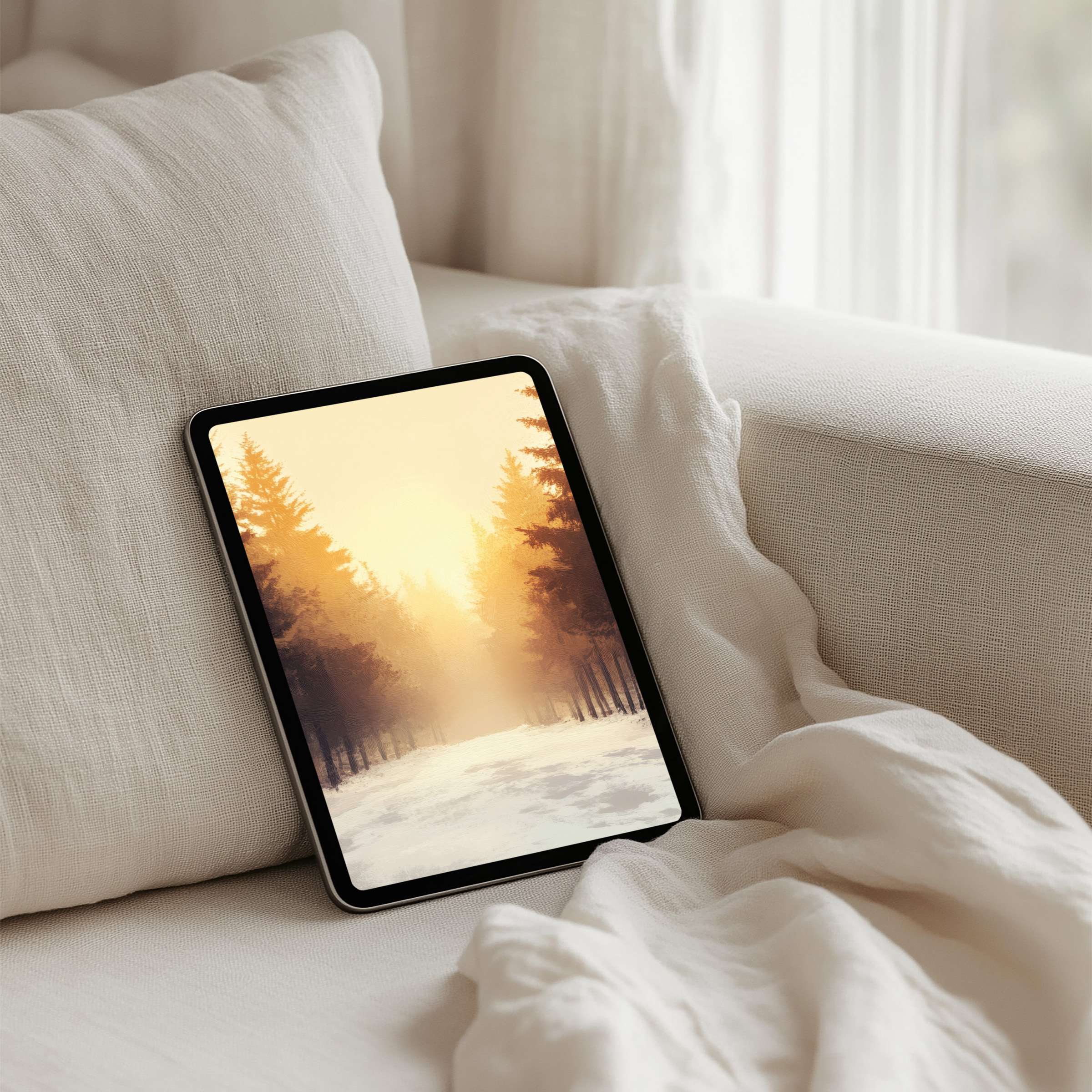 Serene forest sunset iPad background offers instant download for tablet, enhancing calm and elegance in your digital space