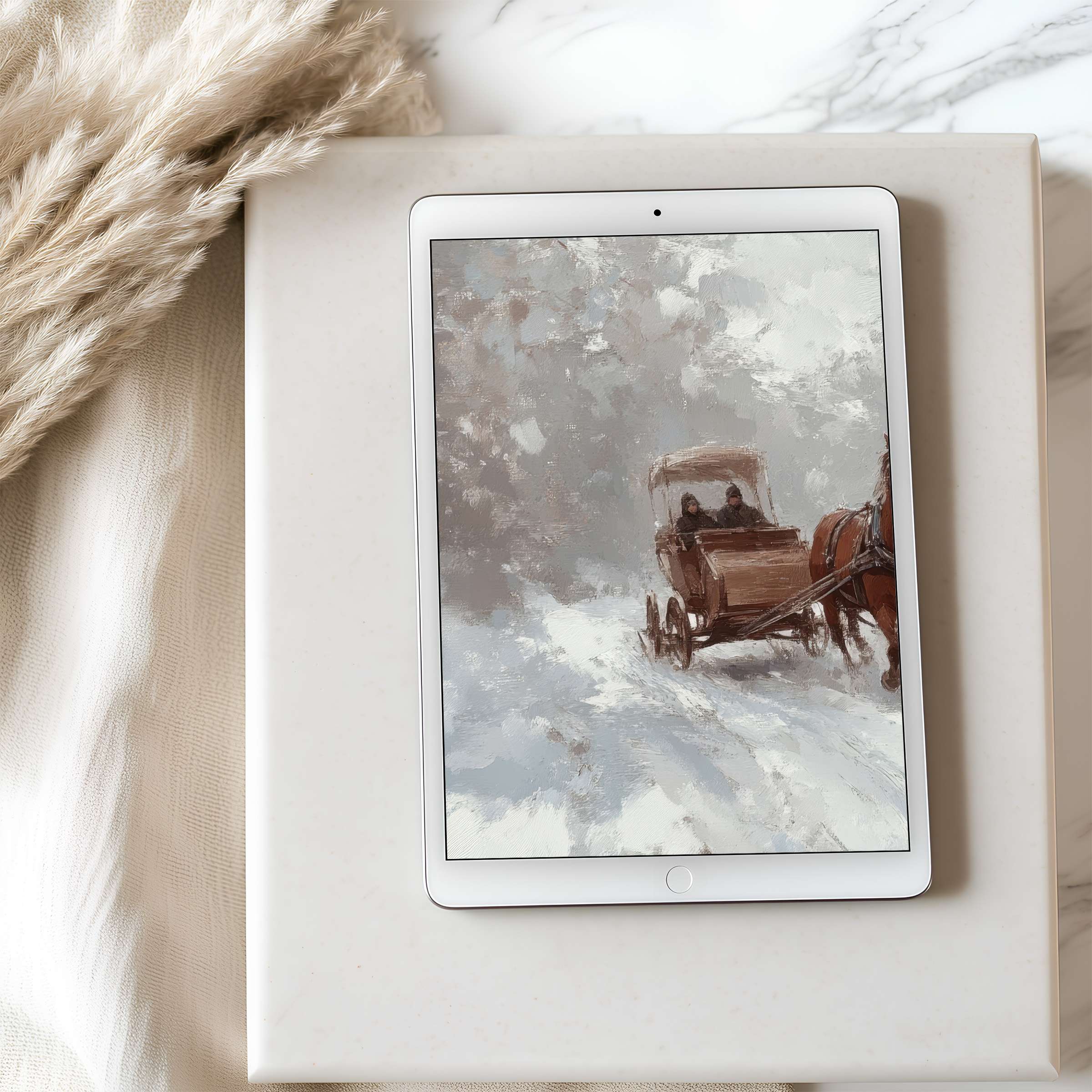 Elegant digital art of a winter carriage journey on a tablet wallpaper, perfect for high-resolution iPad or Android download