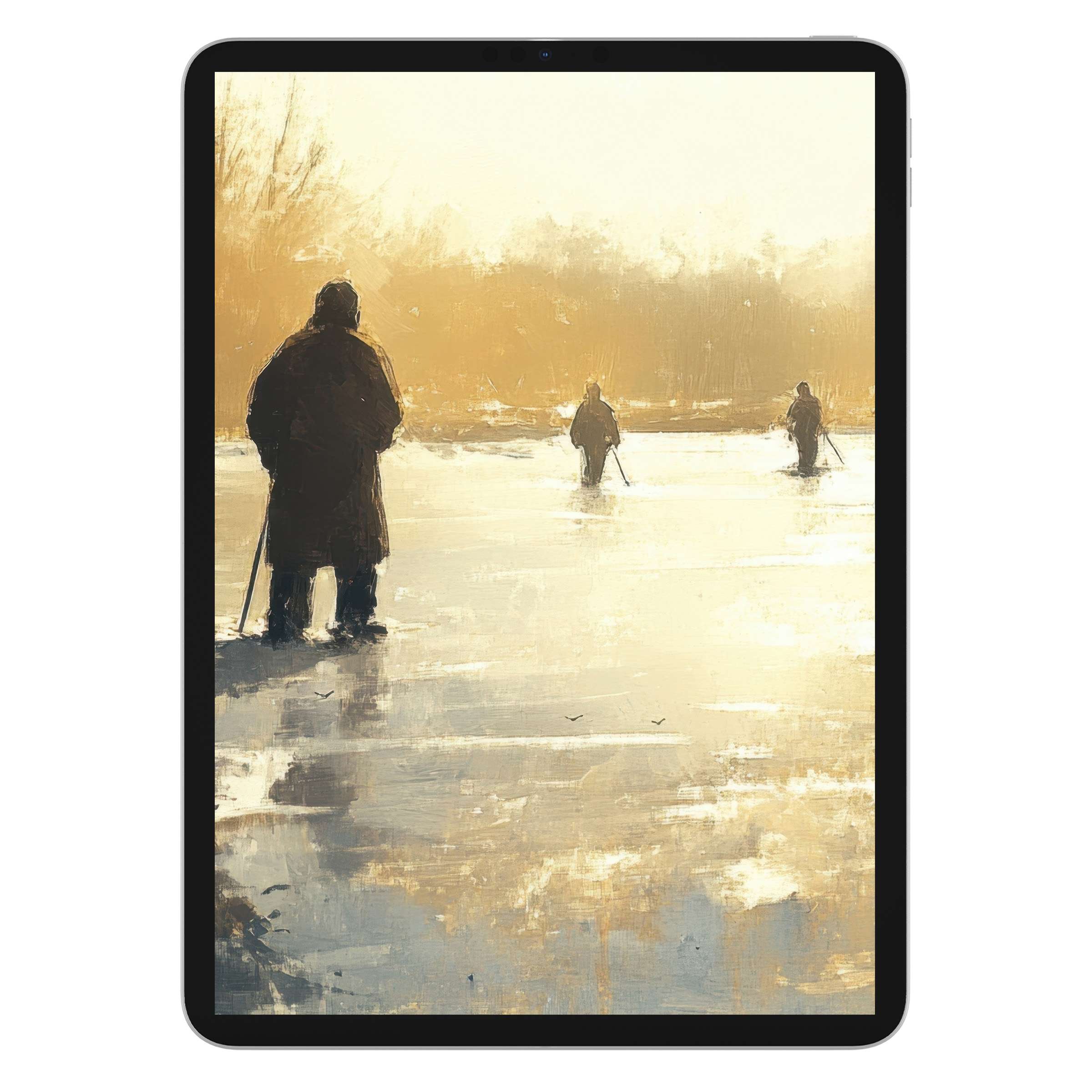 Elegant winter iPad wallpaper featuring serene silhouettes on a golden icy landscape, ideal digital download background for any tablet