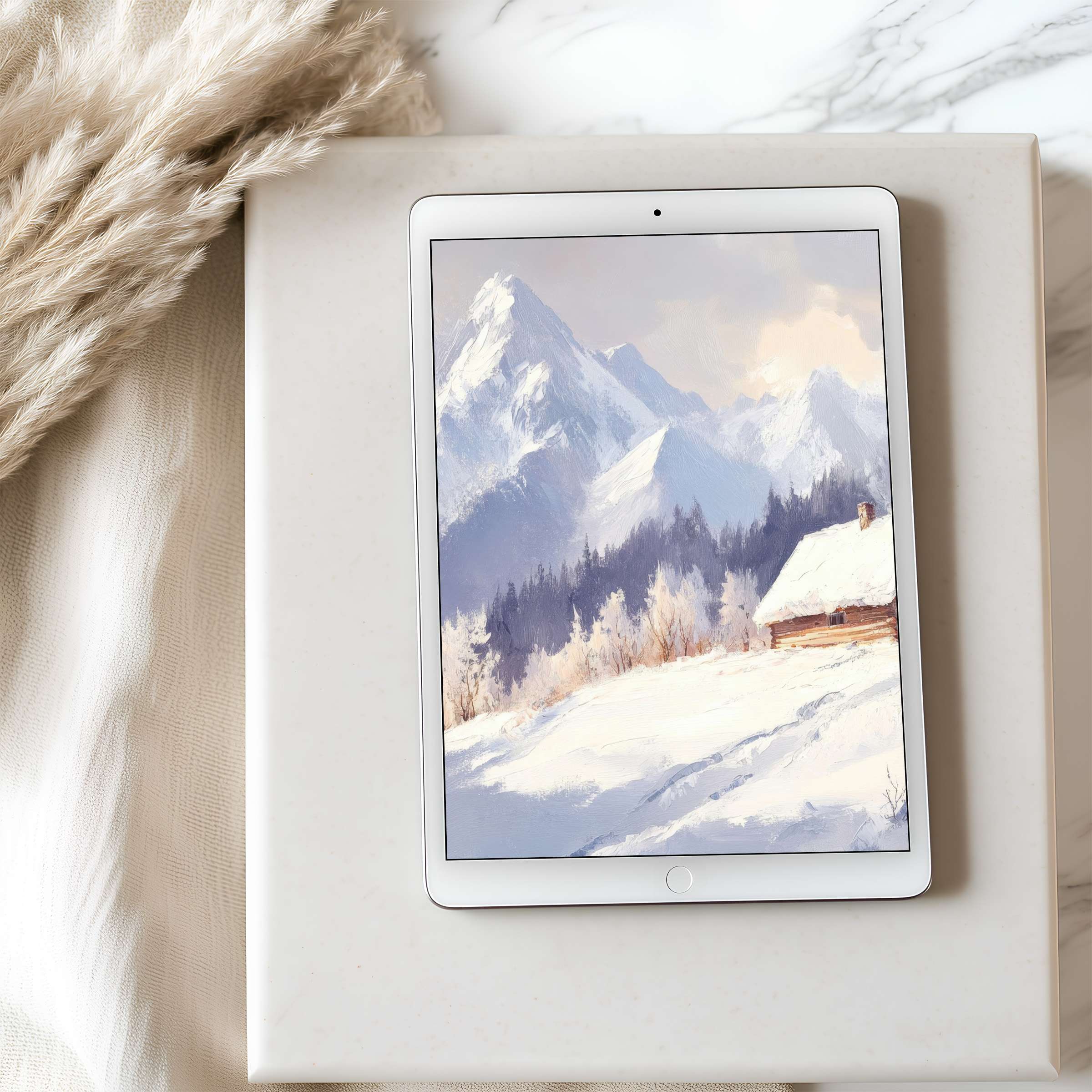 Serene winter landscape tablet wallpaper with snowy mountains, rustic cabin, high resolution for iPad and Android download