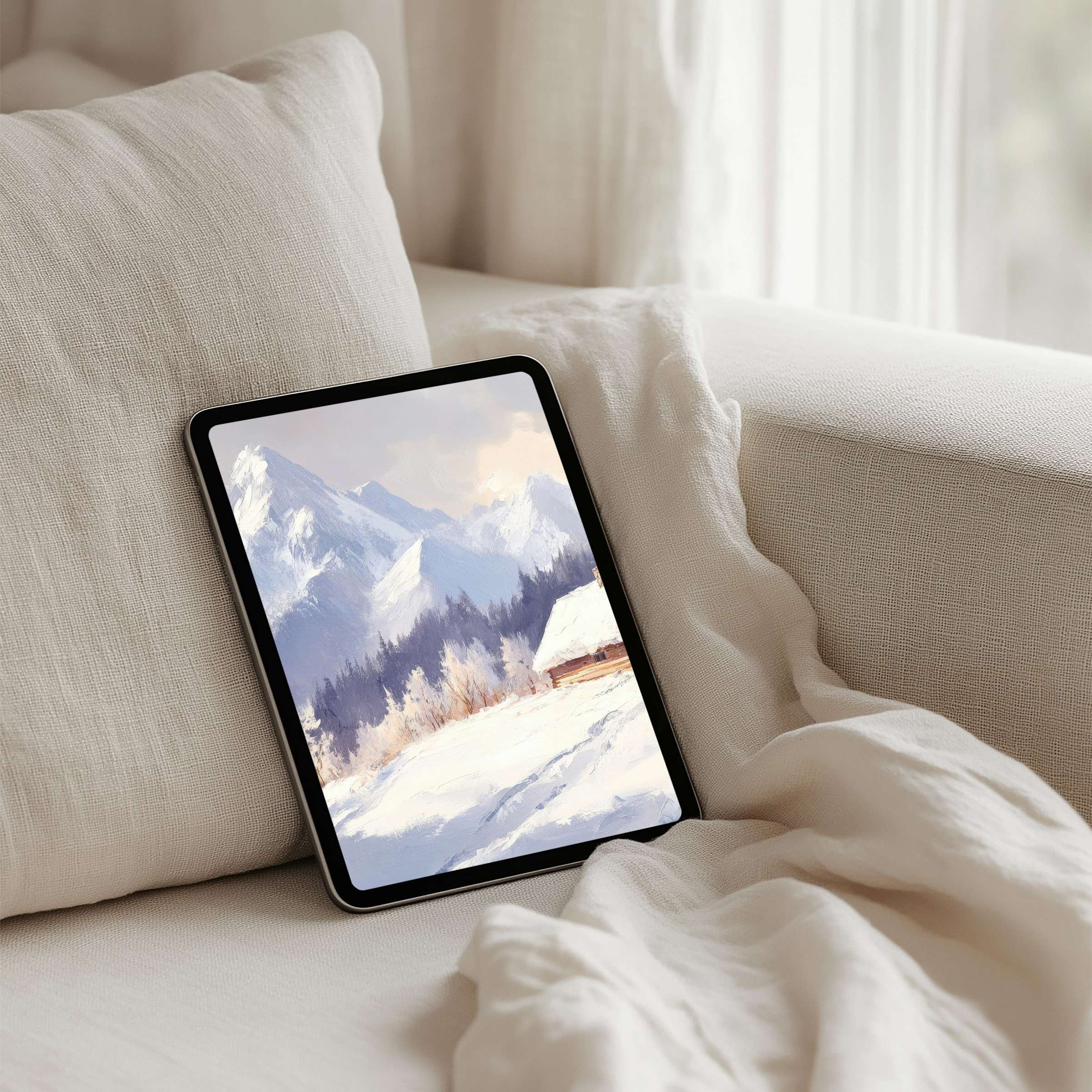 Serene snowy mountain scene iPad background for instant download fits all tablets creating elegant calm inspiration in your space