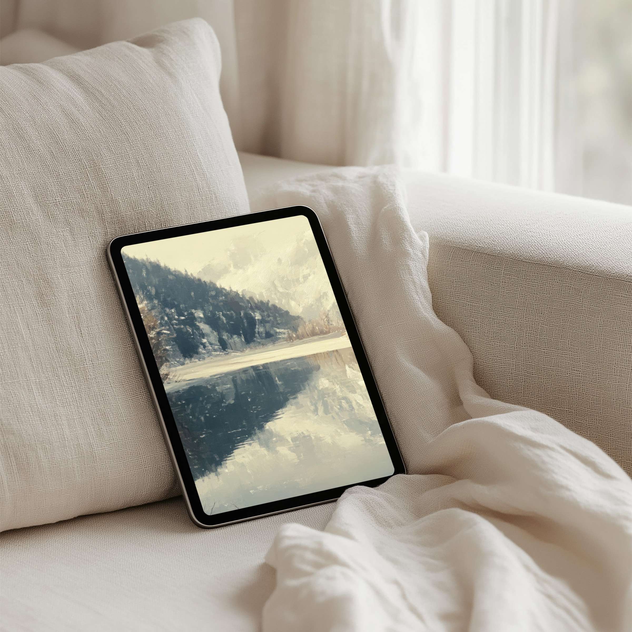 Cozy watercolor landscape iPad background offers instant download for tablets creating serene elegance and mindful inspiration