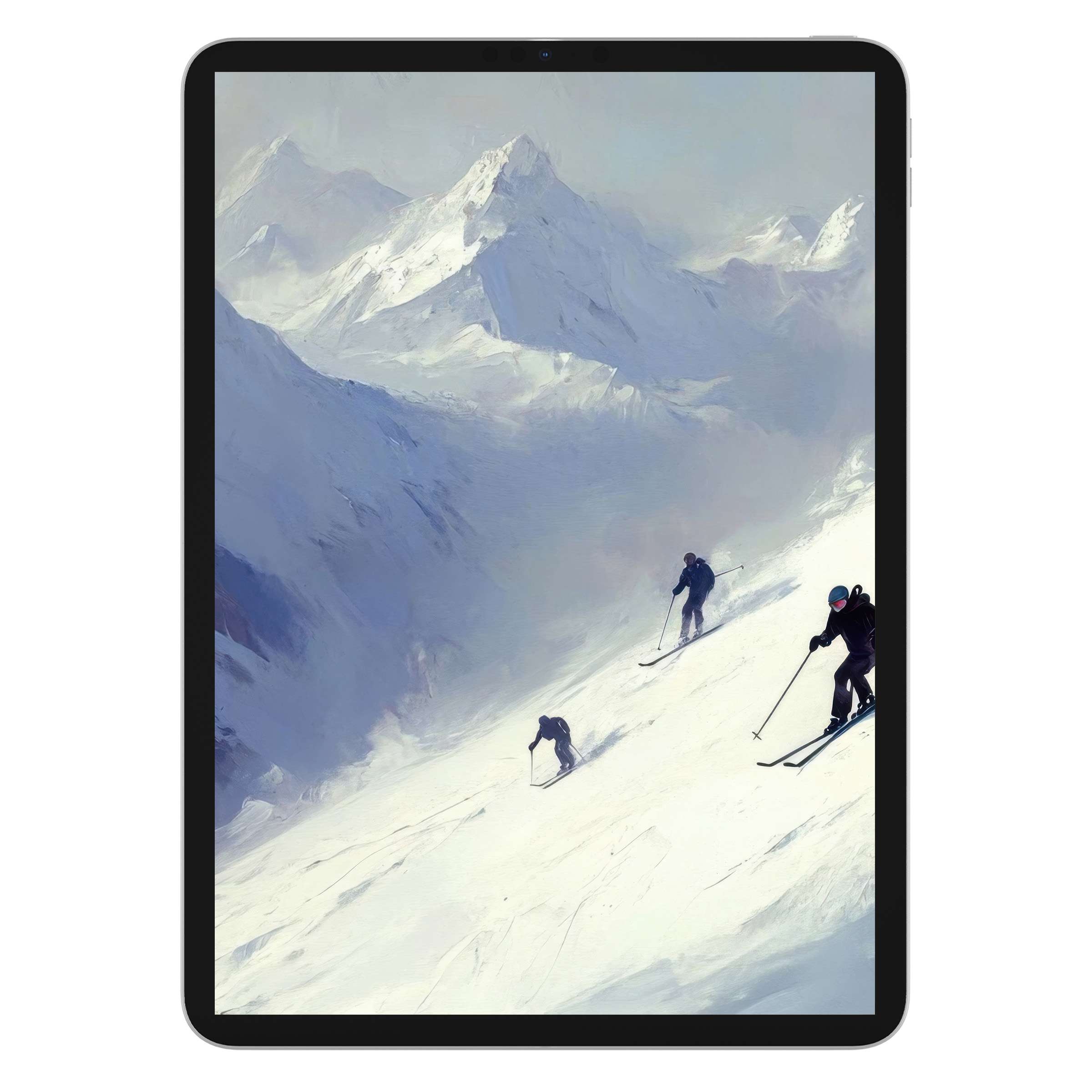 Elegant winter iPad wallpaper with skiers on snowy slopes, perfect digital download for tablet background creating serene vibes
