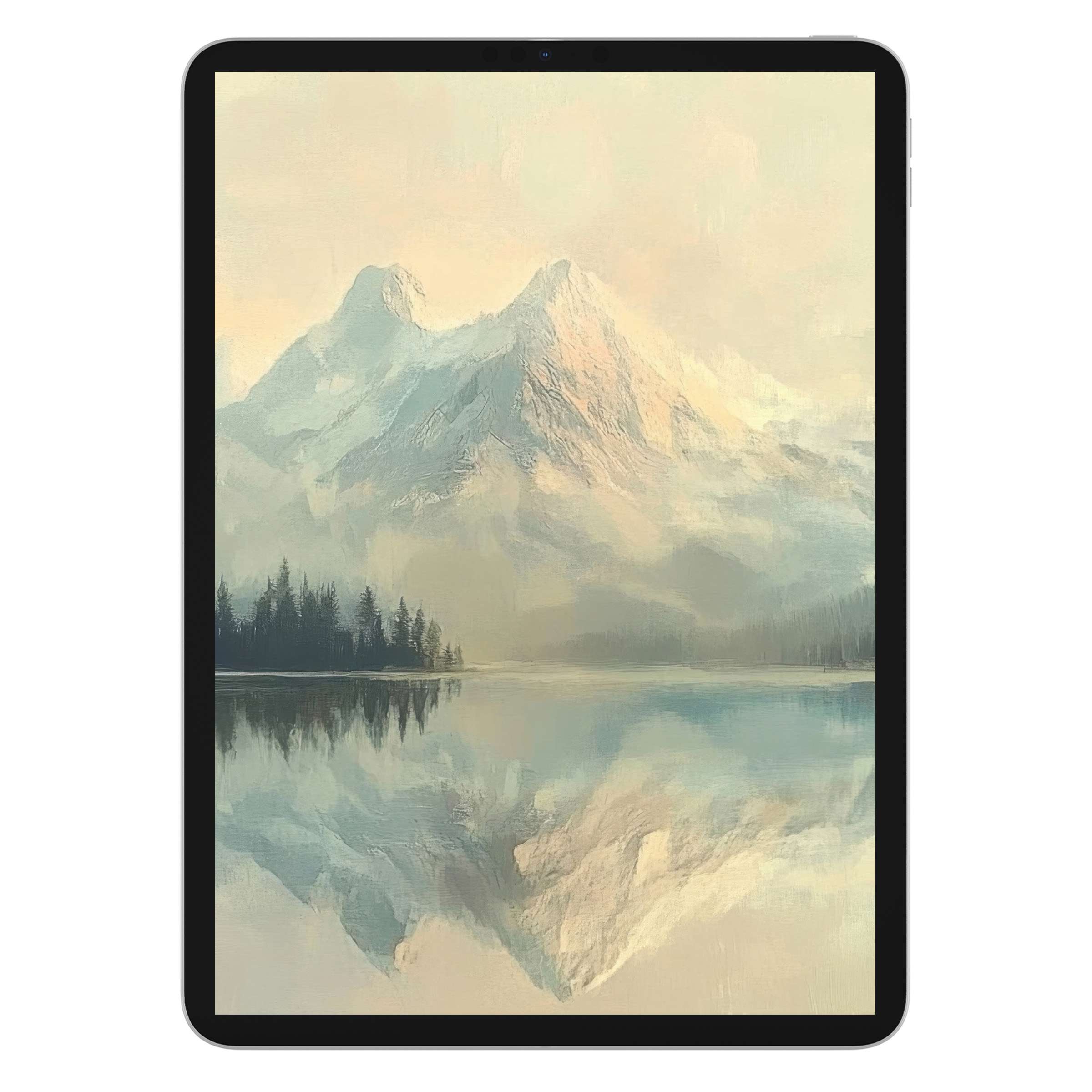 Winter iPad wallpaper featuring serene snowy mountains and lake reflection, ideal for tablet background, digital download for calm aesthetics