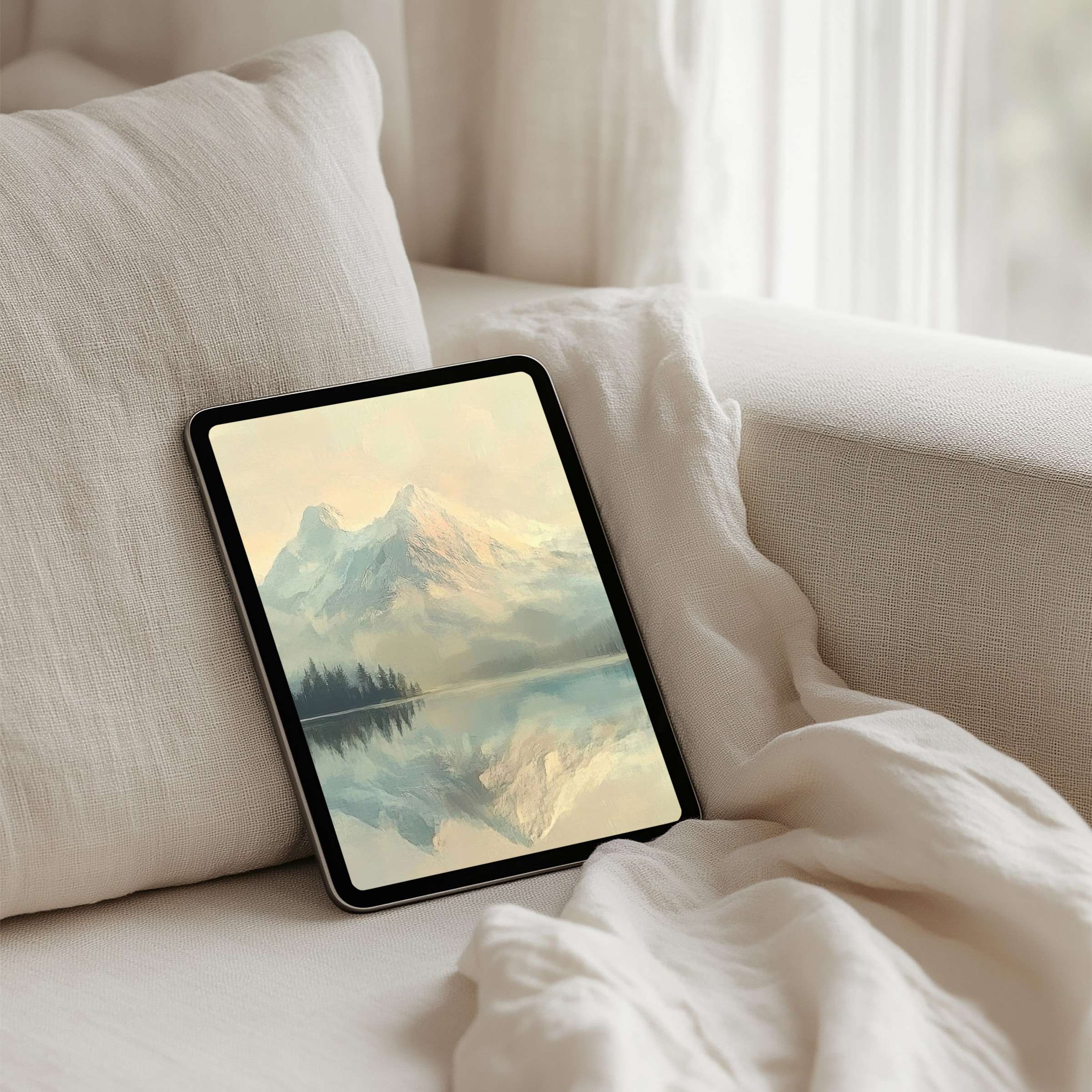 Serene mountain landscape iPad background offers calm elegance for any tablet user with instant download for mindful design flair