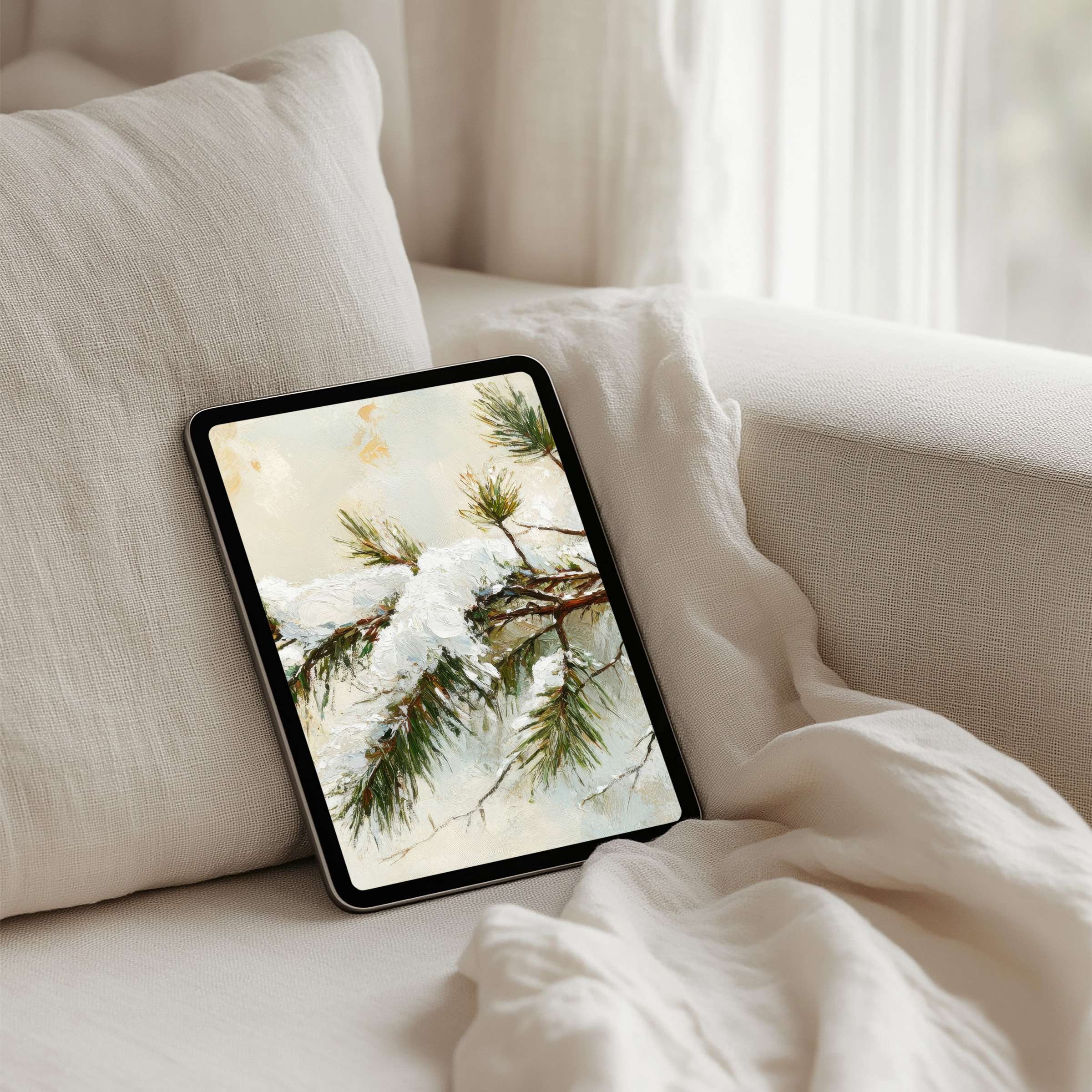 Calming winter scene iPad background featuring snow-laden pine branches for instant download, perfect for any tablet ambiance