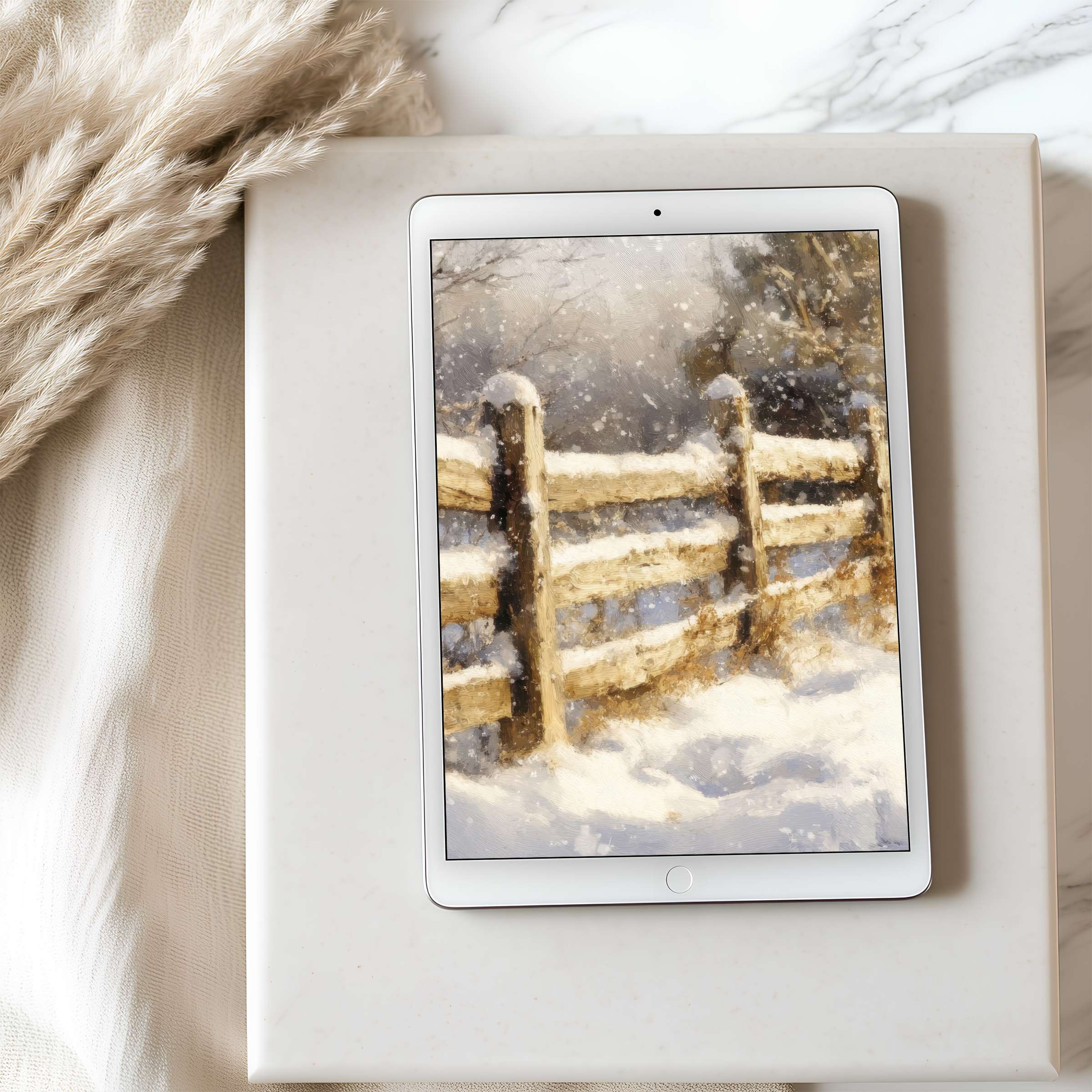 Elegant winter scene tablet wallpaper with snow-covered fence, perfect for iPad, high resolution digital art download for calming ambiance