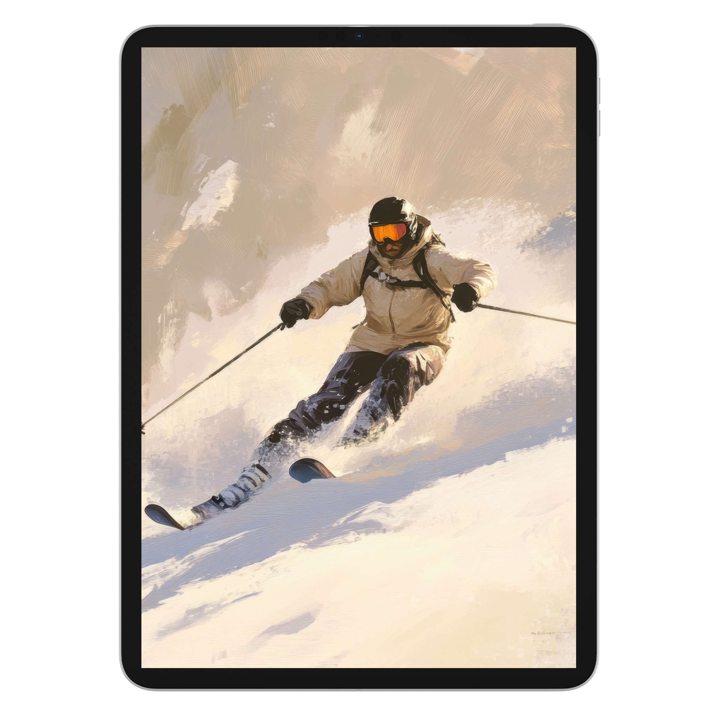 Winter iPad wallpaper featuring a skier on a snowy slope, perfect digital download for elegant, serene tablet backgrounds