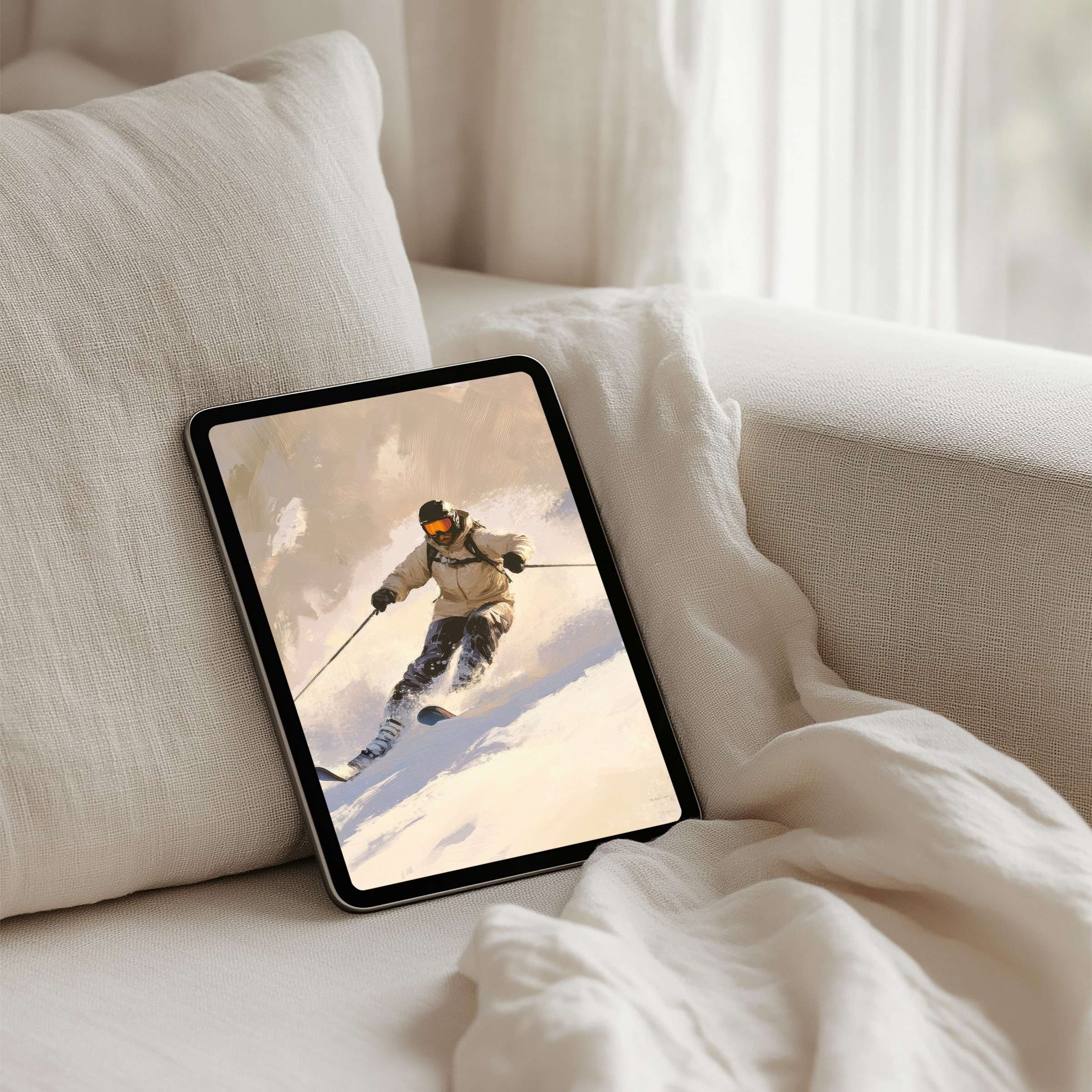 Calming snowy skiing art iPad background for instant download, enhancing your tablet experience with elegance and mindful inspiration