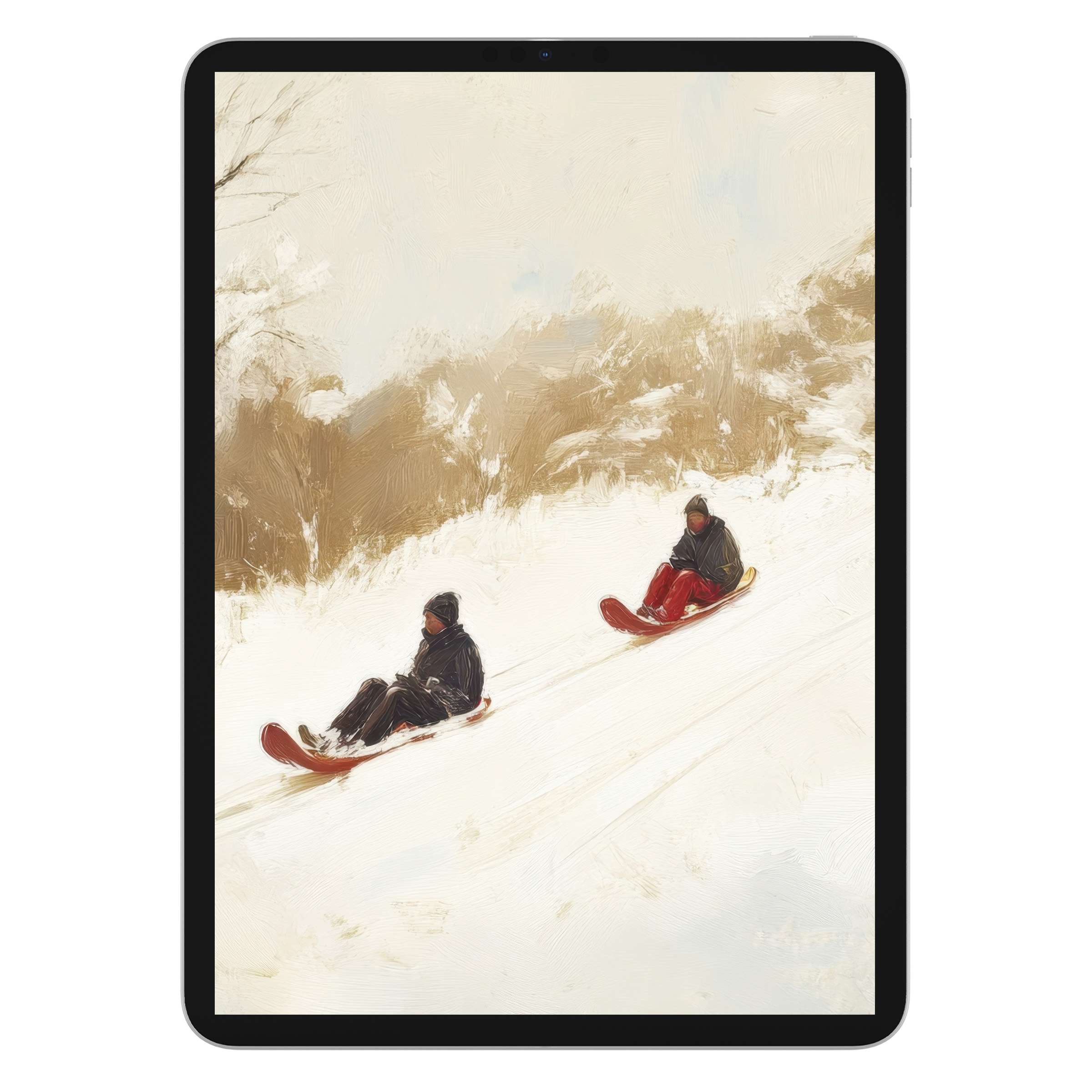 Elegant winter iPad wallpaper digital download with serene snowy landscape painting, perfect for tablet backgrounds and calm aesthetics