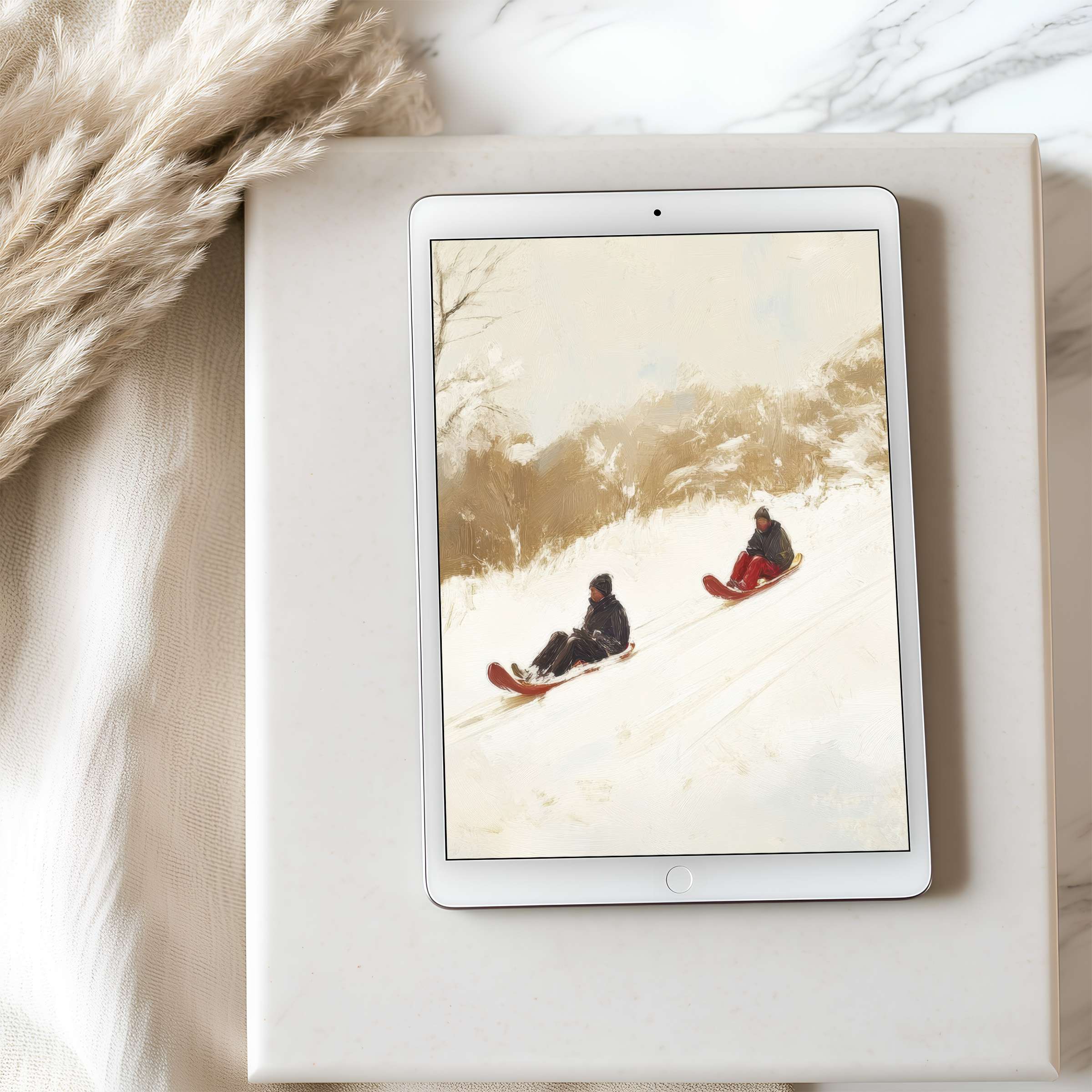 Elegant winter scene tablet wallpaper in soft, warm tones evokes serenity and style for iPad and Android tablet digital download