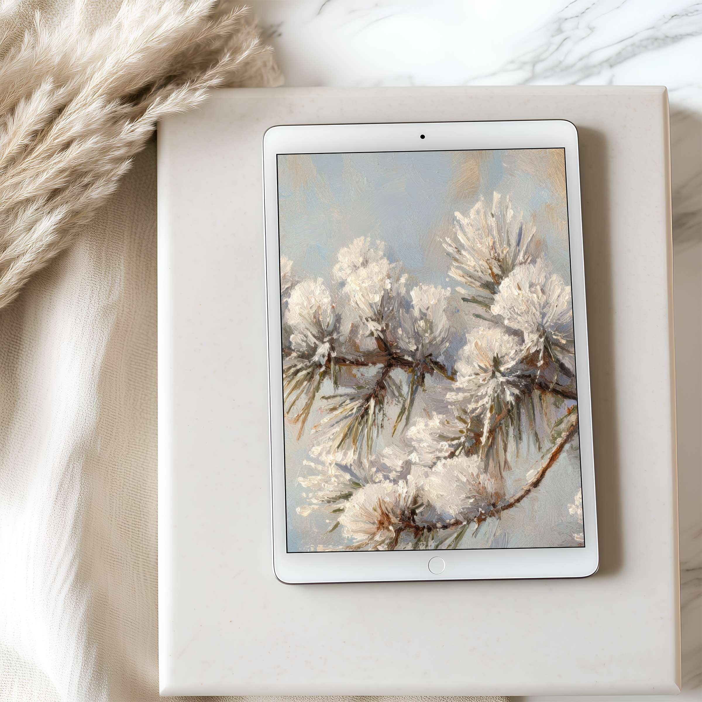 Elegant tablet wallpaper featuring serene snow-laden branches in soft neutral tones perfect for high-resolution iPad download