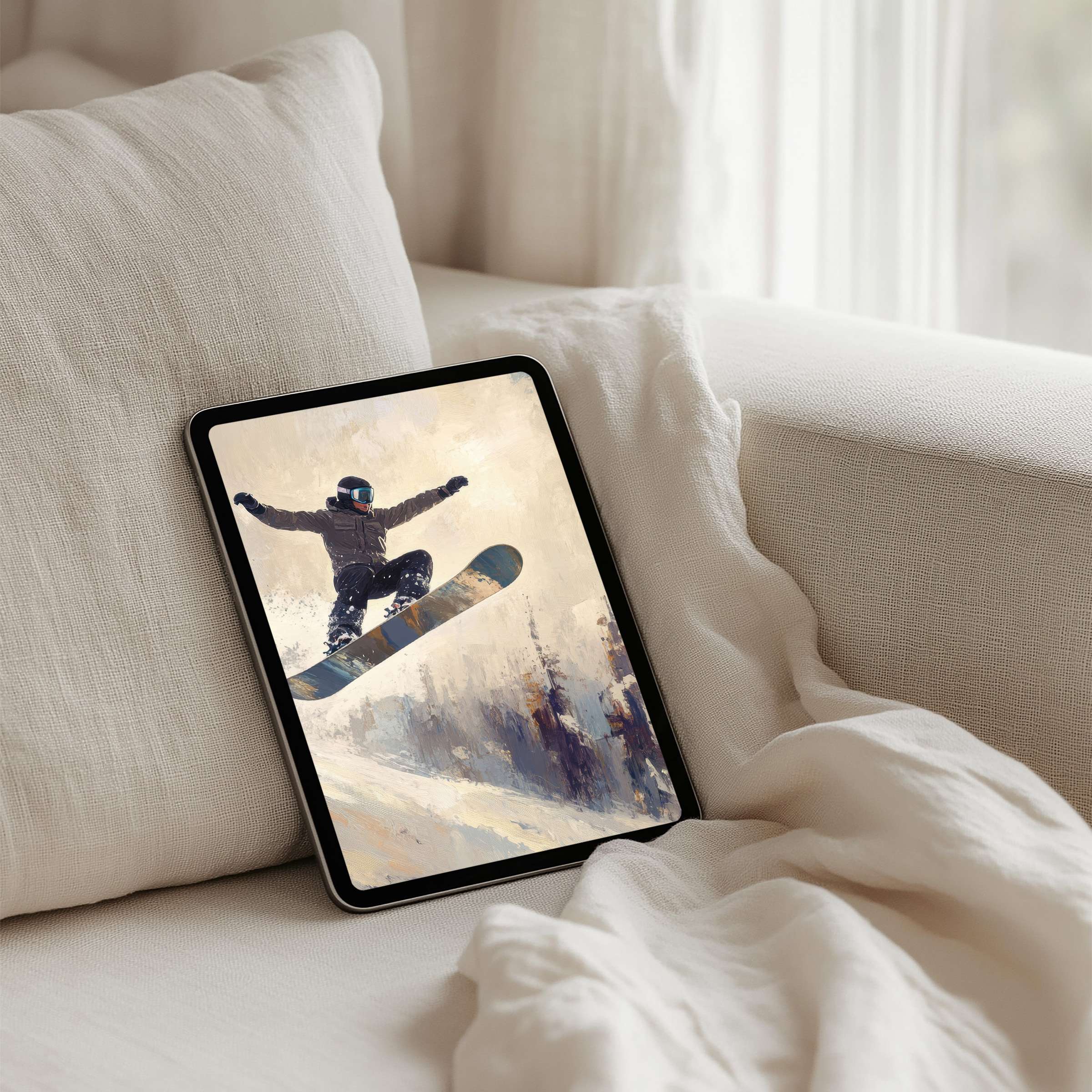 Snowboarder in dynamic motion evokes elegance and inspiration on this iPad background for instant download fits any tablet