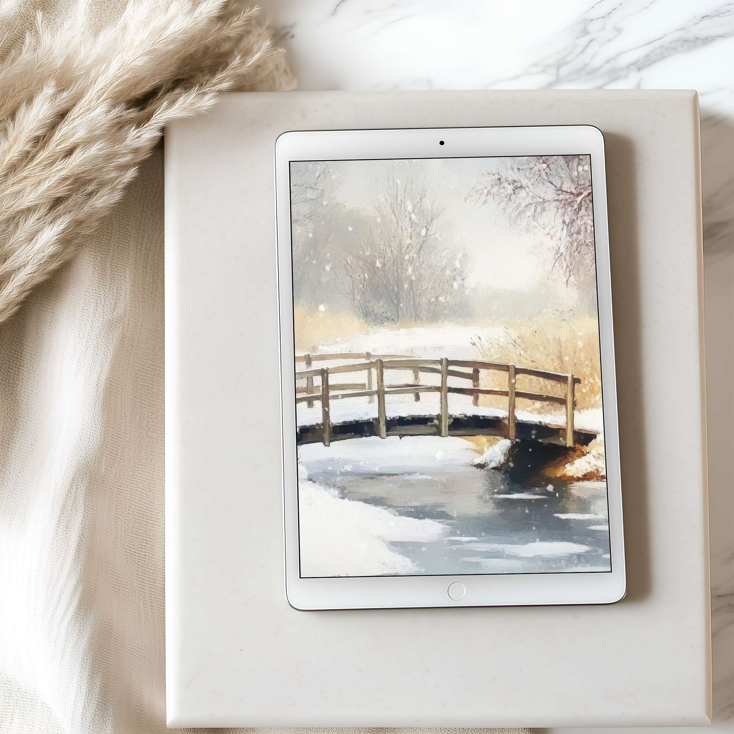 Subtle winter scene tablet wallpaper featuring a tranquil snowy bridge, perfect for iPad and Android tablets, high resolution download