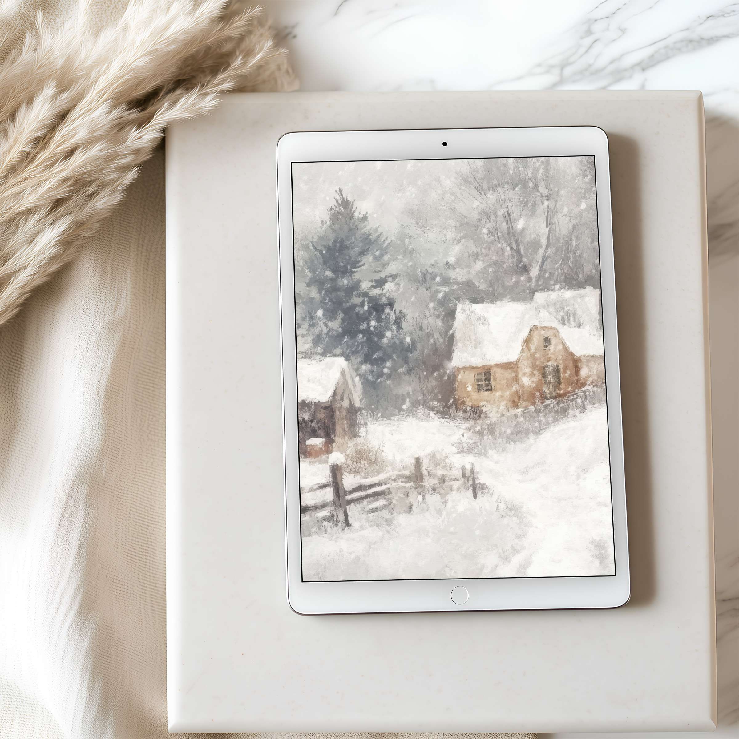 Snowy rustic scene tablet wallpaper evokes tranquility with muted tones, ideal for iPad's curated high-resolution display, digital download