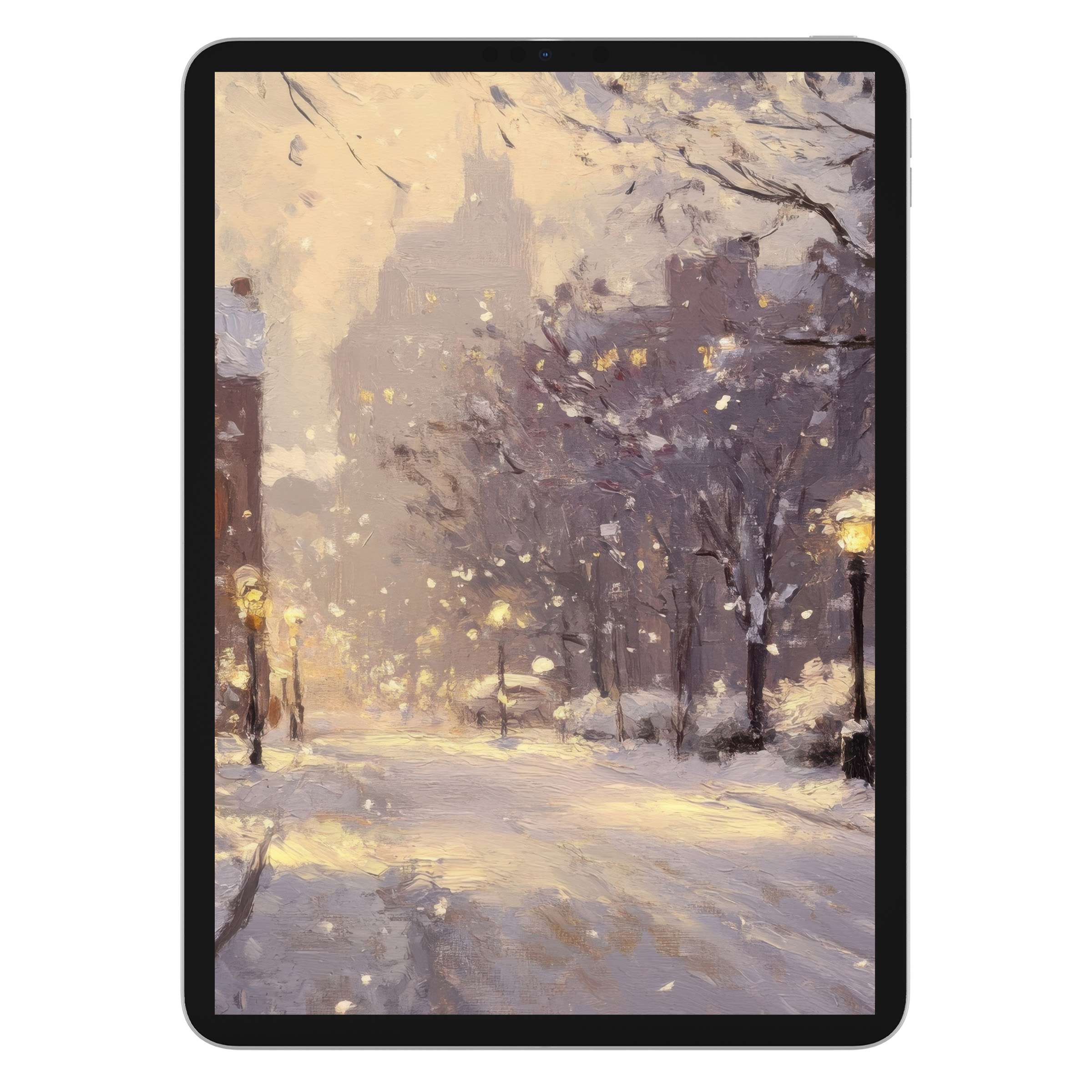 Winter iPad wallpaper featuring a serene snowy path with warm lamplight, perfect digital download for tablet background elegance