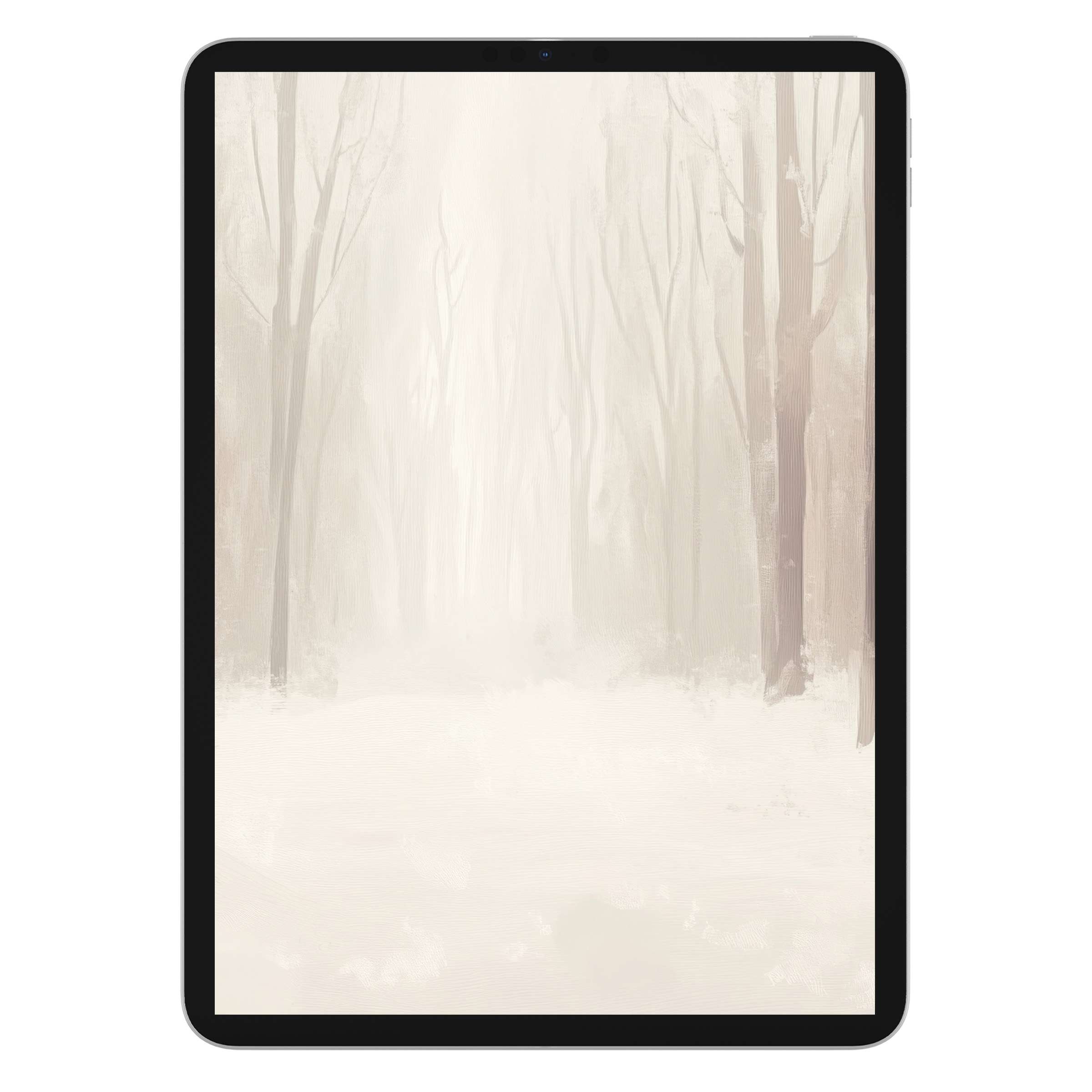 Winter iPad wallpaper featuring serene snowy forest scene digital download for tablet background offers calm elegance and eco-friendly design