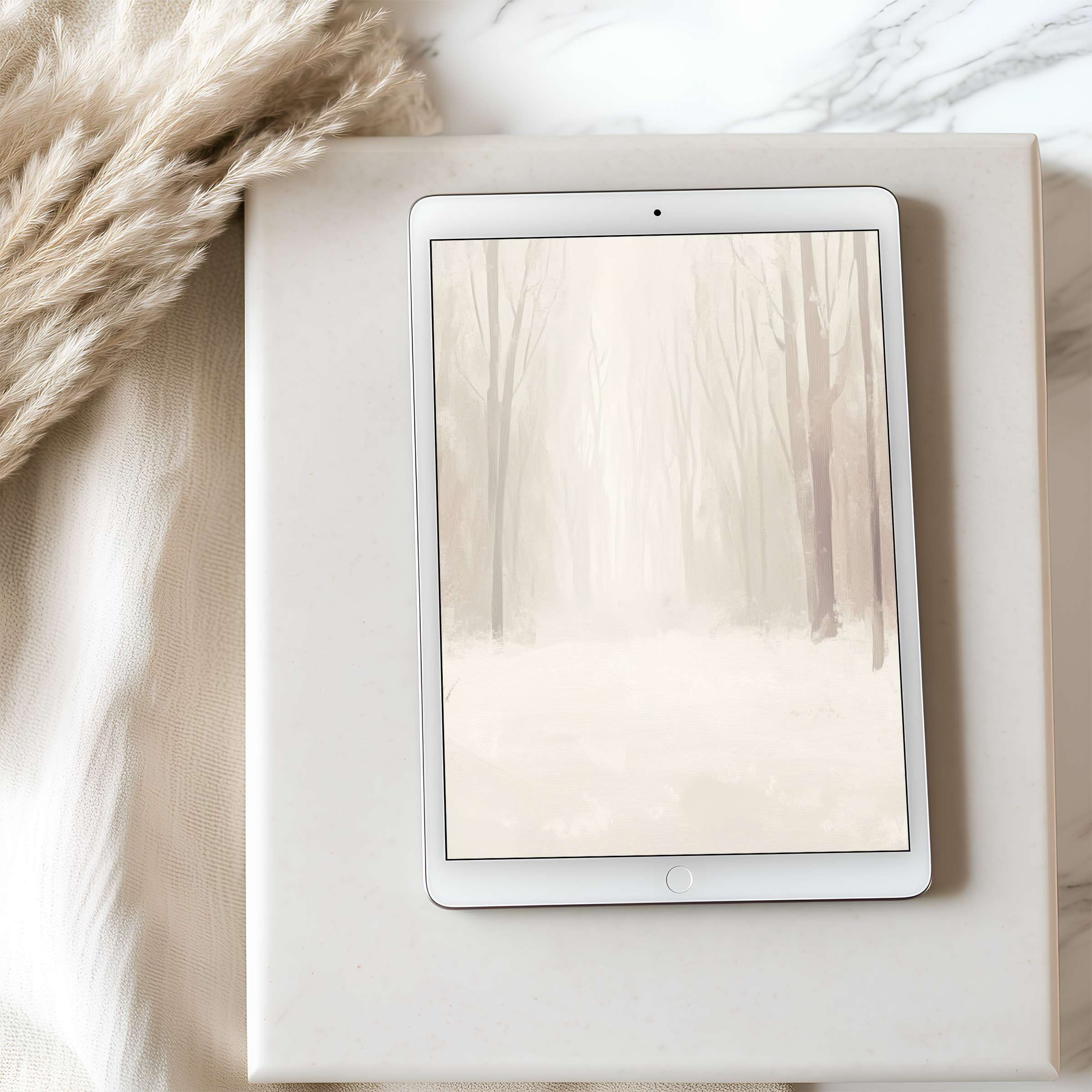 Elegant tablet wallpaper featuring serene forest scene in muted tones, perfect for iPad, high-resolution digital download for tranquility