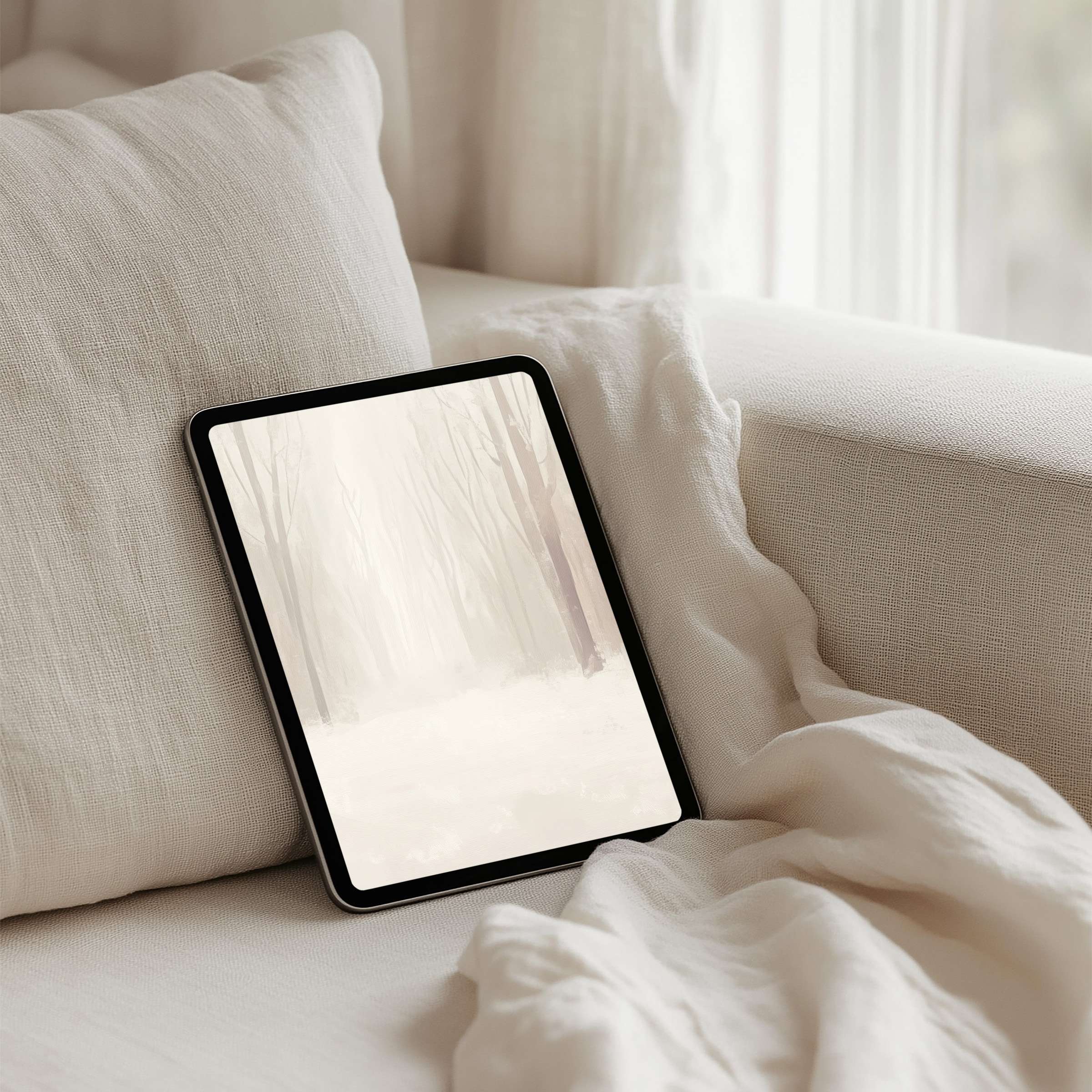 Elegant minimalist forest scene iPad background offers instant download for tablets, inspiring calm mindfulness in your space