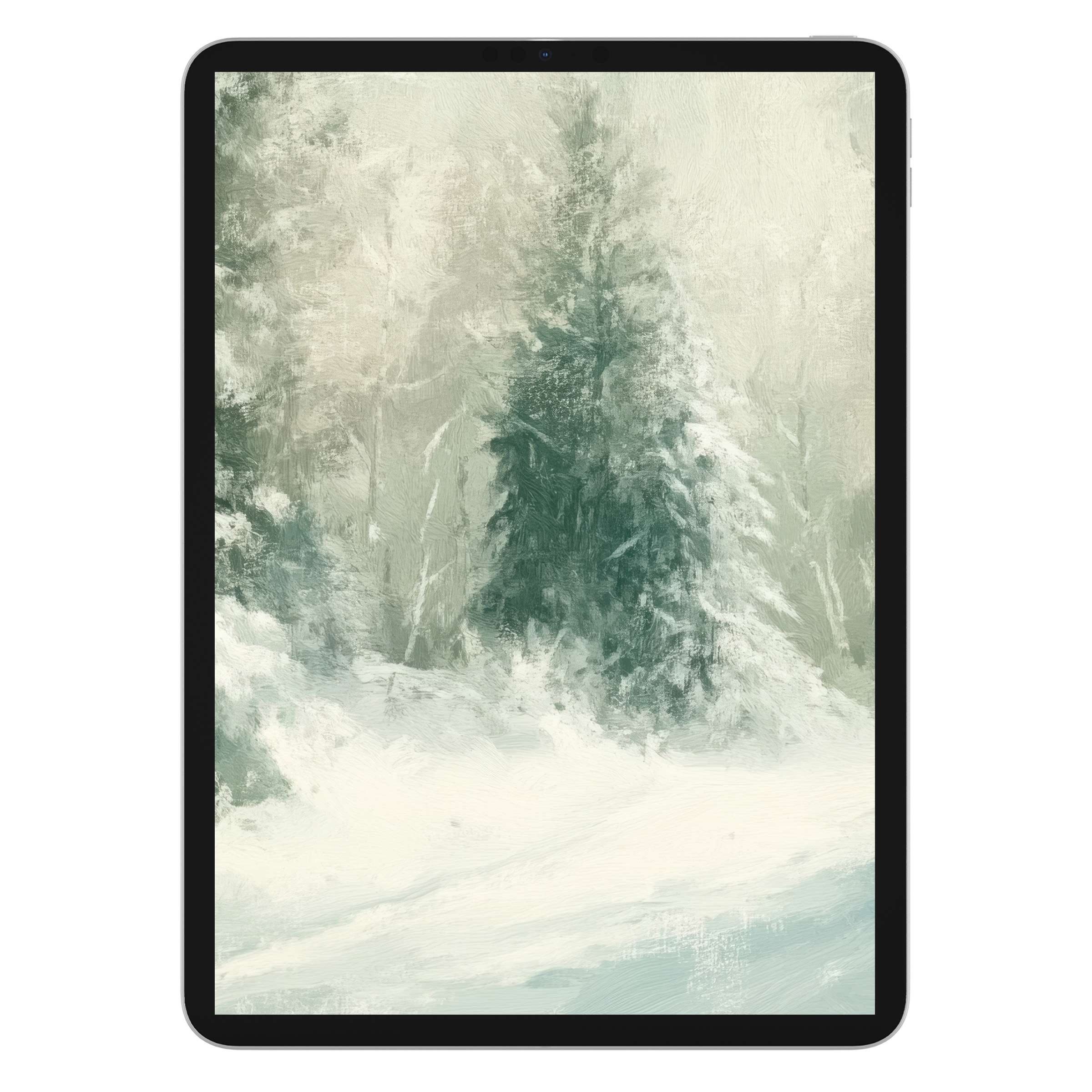 Winter iPad wallpaper with serene snowy forest digital download offers a tranquil background for Samsung and Android tablets
