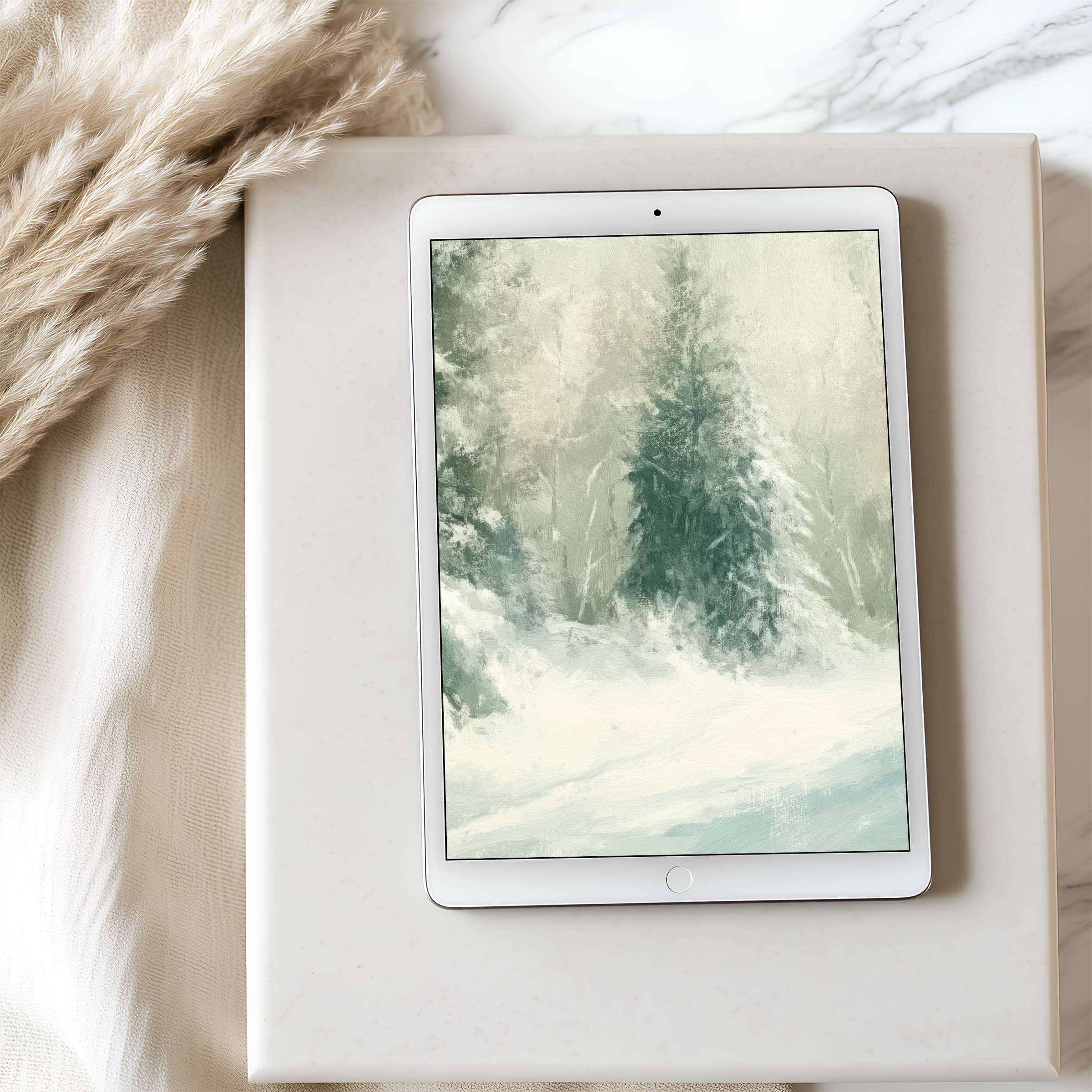 Elegant tablet wallpaper featuring serene winter trees in soft hues, ideal for high-resolution iPad display, enhancing calm aesthetics