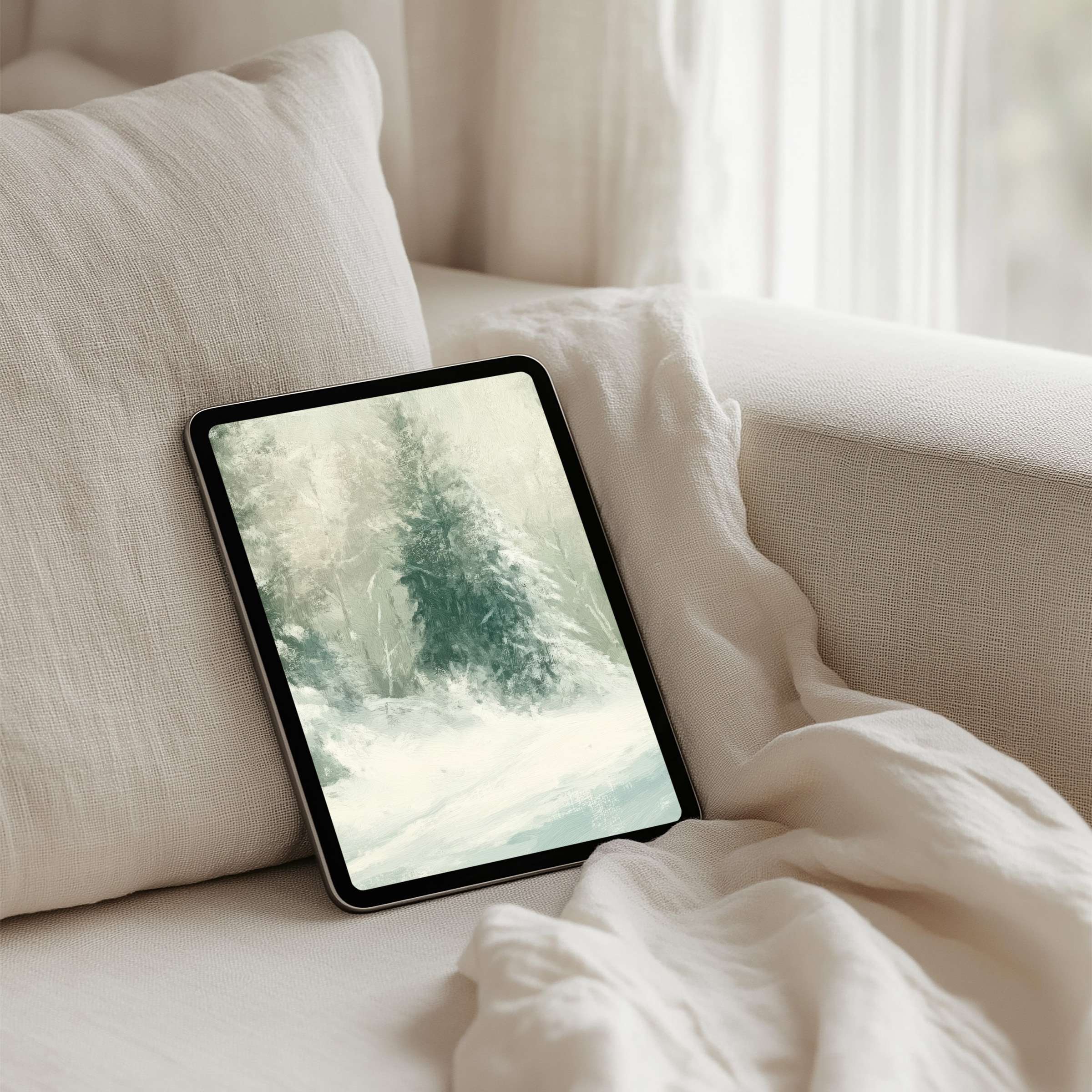 Serene winter forest digital art iPad background offers instant download for tablet users seeking calm, elegance, and mindful inspiration
