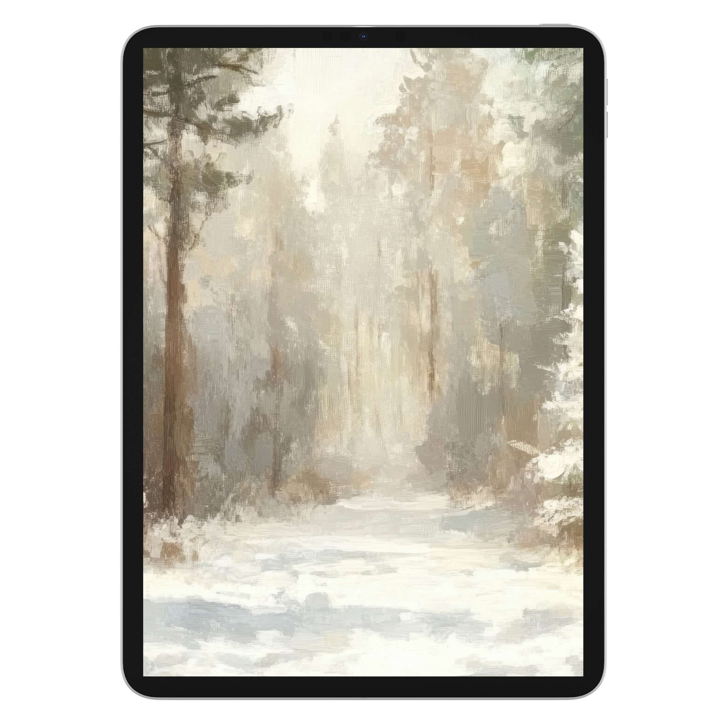Winter iPad wallpaper with a serene snow-covered forest background, perfect digital download for elegant tablet aesthetic tranquility