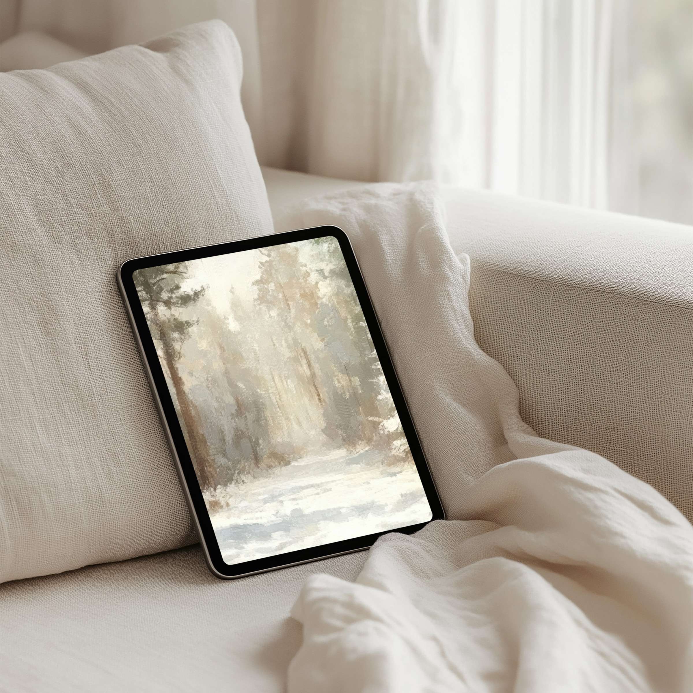 Elegant iPad background with calming forest art offers instant download for tablets inspiring mindfulness in serene beige interiors