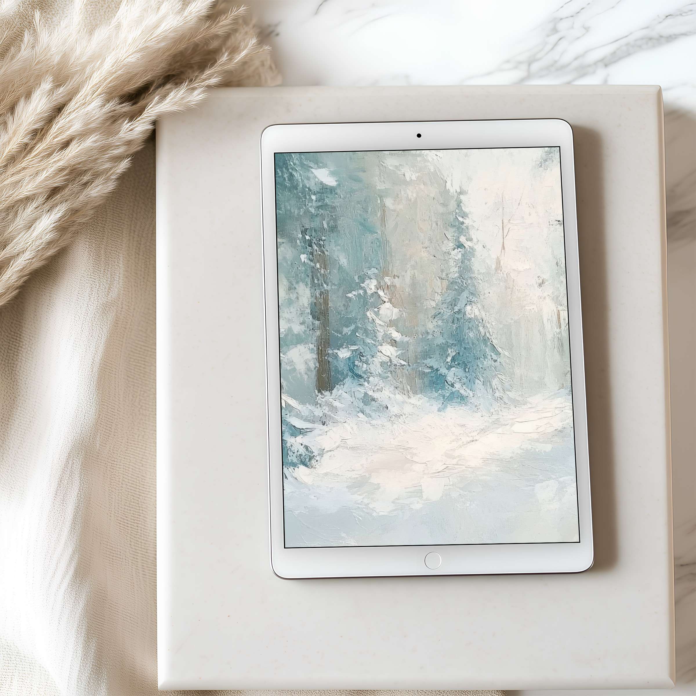 Elegant tablet wallpaper in high resolution showcasing serene snowy forest art, perfect for iPad and Android tablet downloads