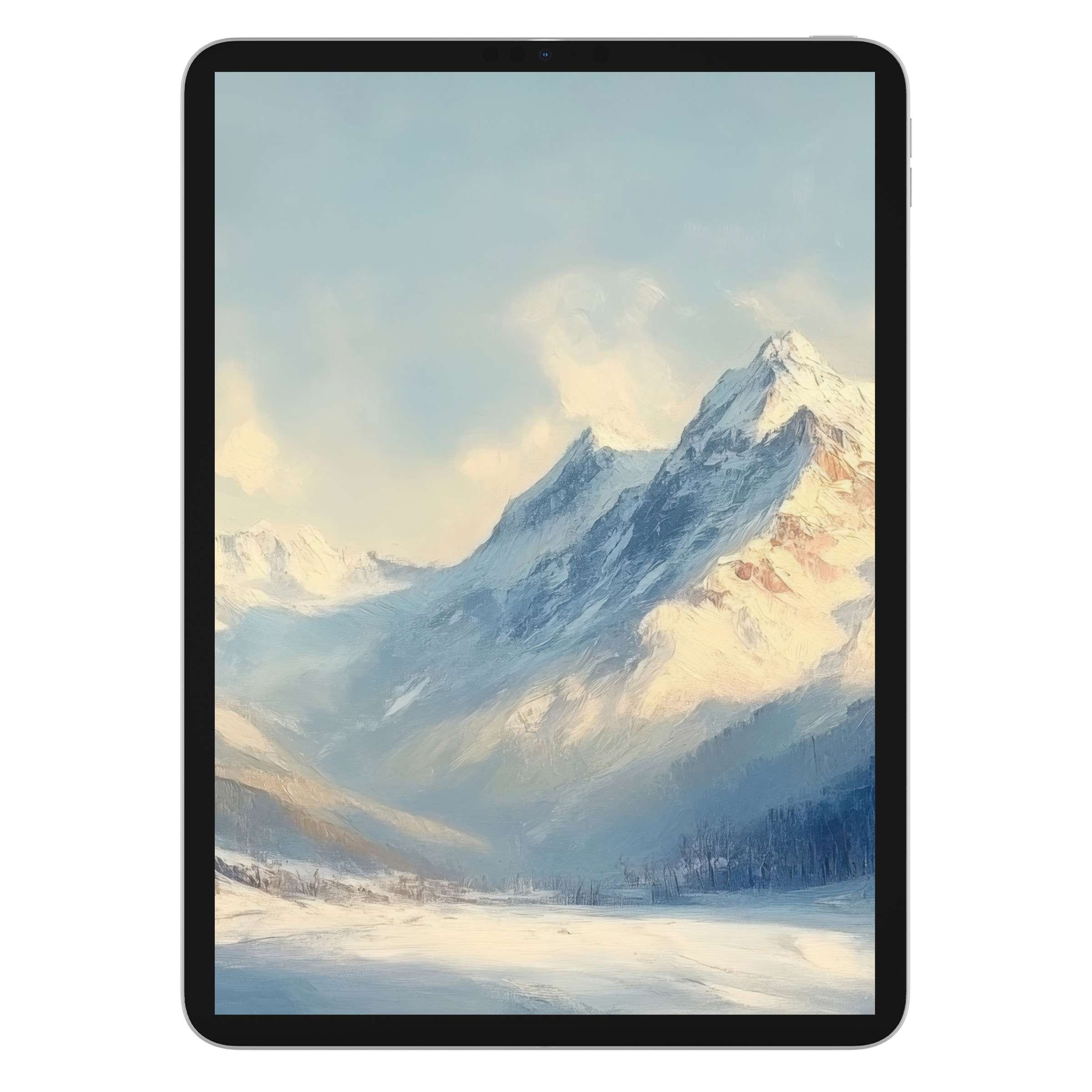 Elegant winter iPad wallpaper featuring serene snowy mountains in soft hues perfect for tablet background digital download experience
