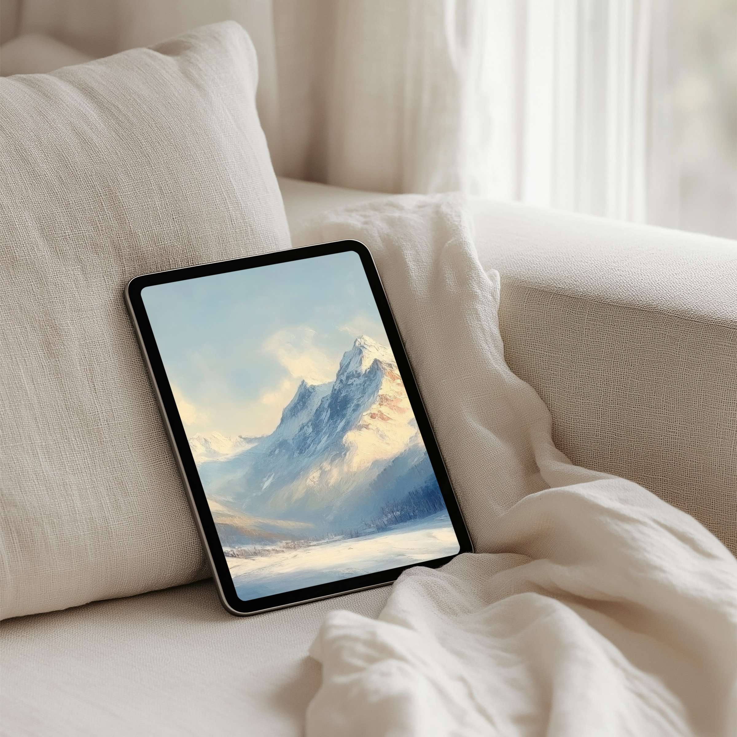 Elegant snowy mountain iPad background in soft hues for instant download, perfect for inspiring tablet users seeking calm elegance