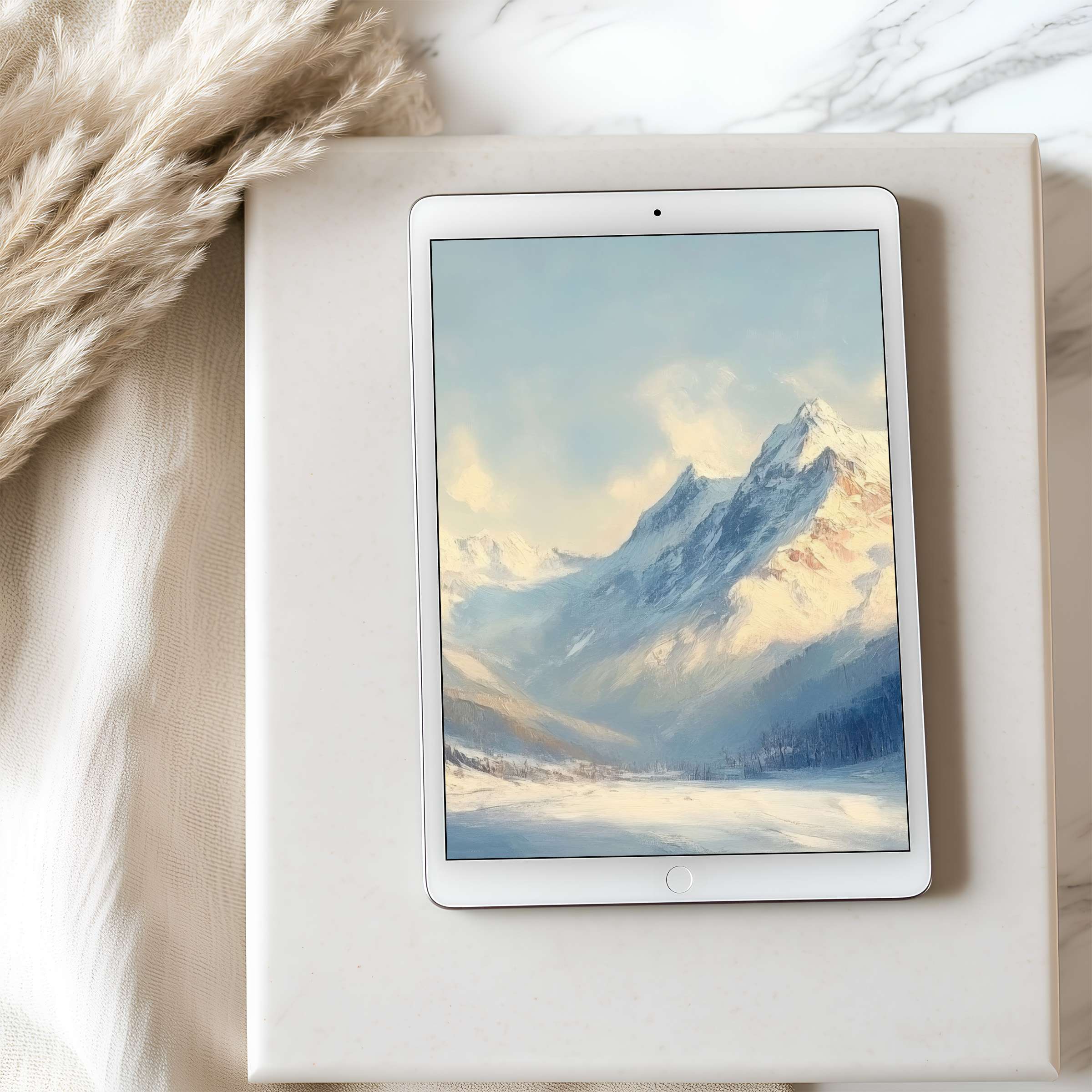 Elegant digital art of serene snowy mountains on tablet wallpaper perfect for iPad high resolution download enhancing tranquil spaces