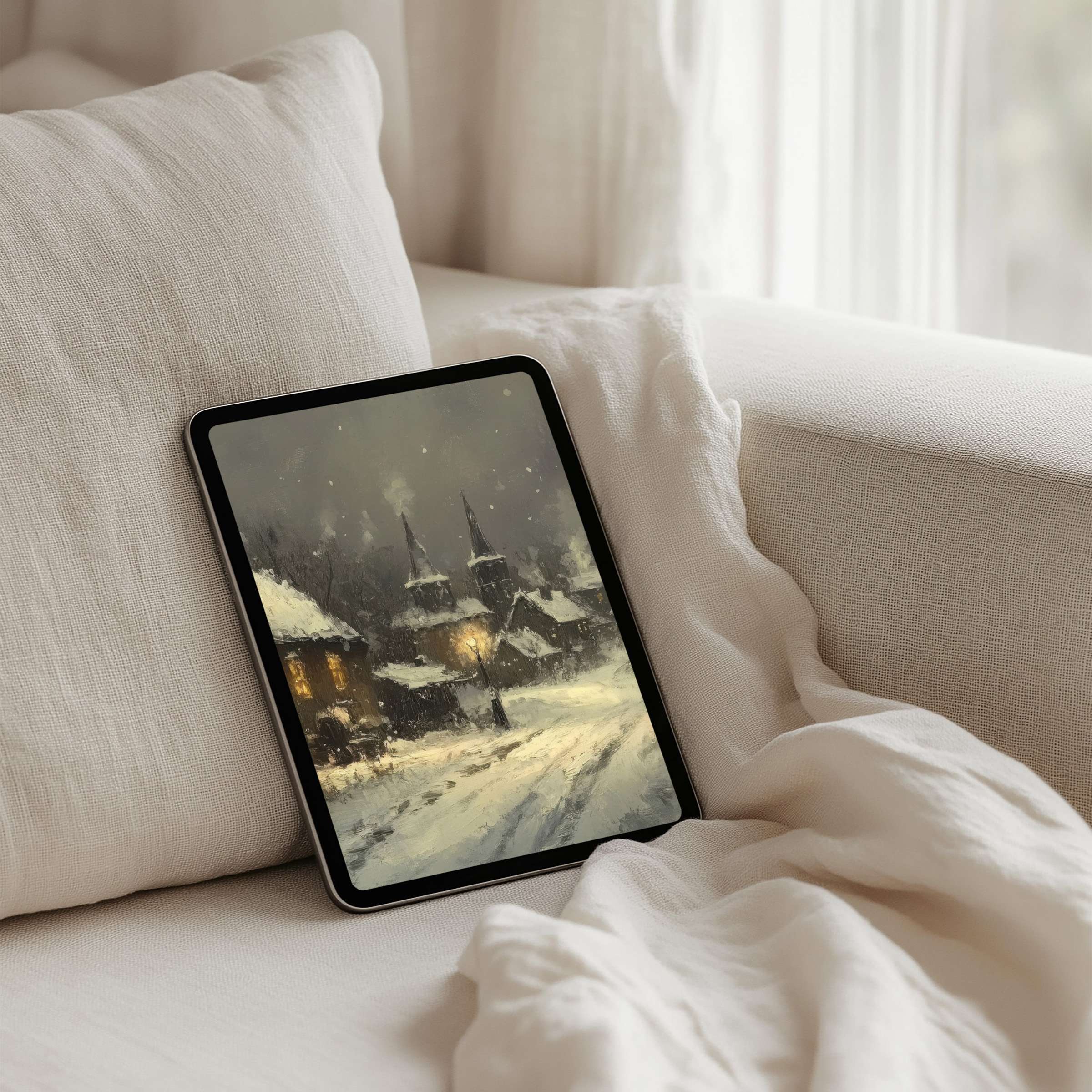 Serene snowy village scene iPad background for instant download brings calming elegance to your tablet inspiring mindfulness and beauty