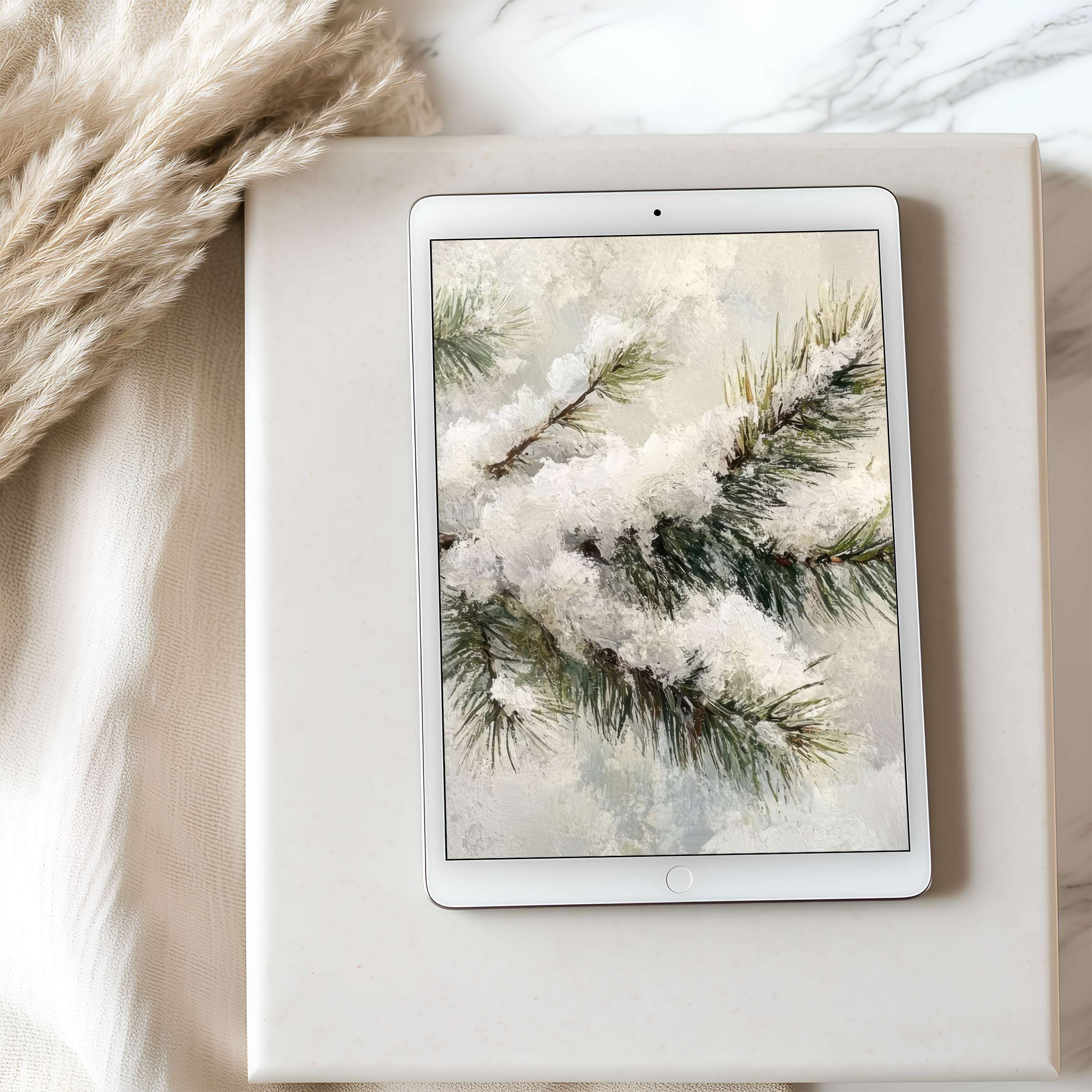 Snowy pine tablet wallpaper elegantly enhances your iPad with calming nature art in high resolution, ideal for digital downloads