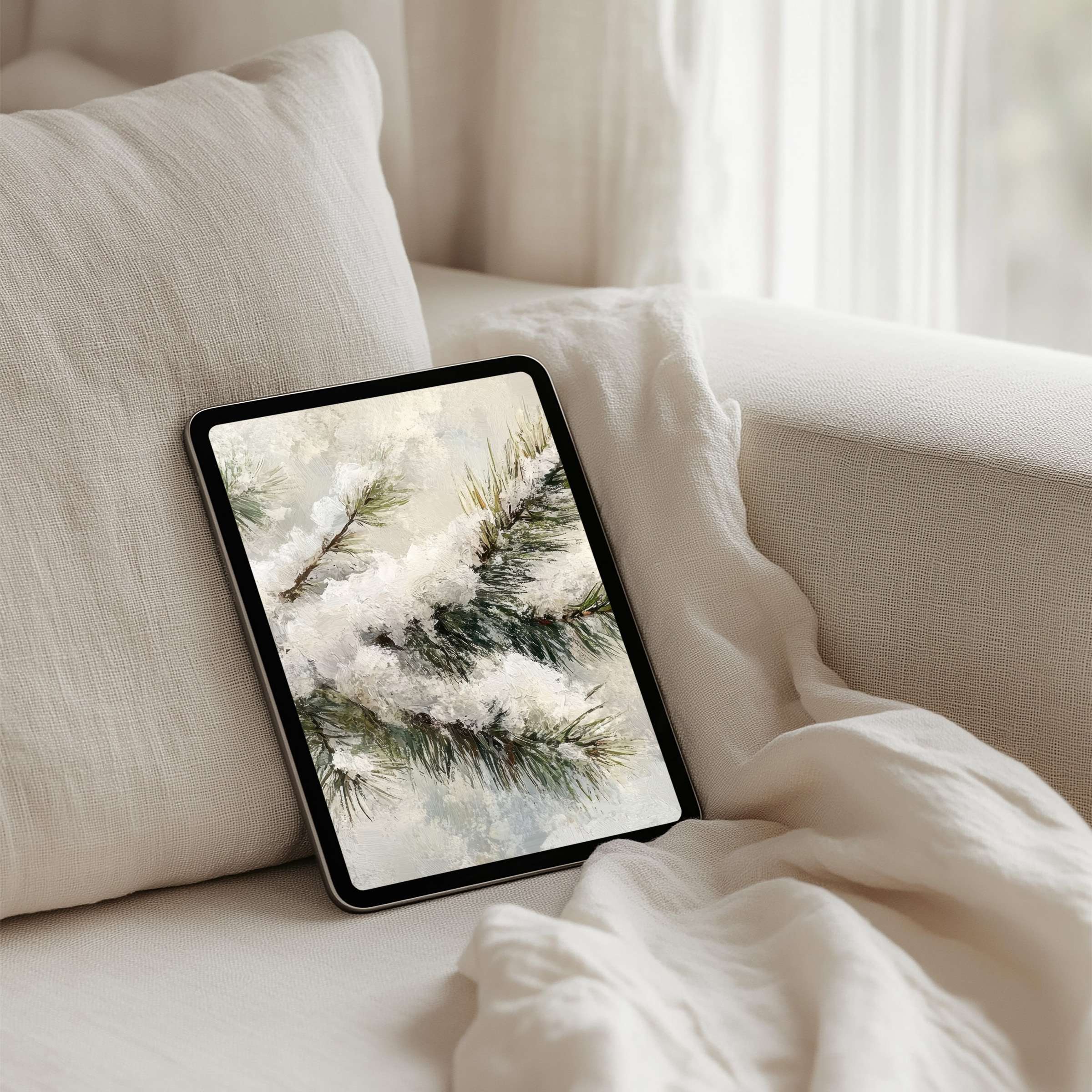 Elegant snowy pine artwork as an iPad background offers instant download for tablets, infusing calm and inspiration into device screens
