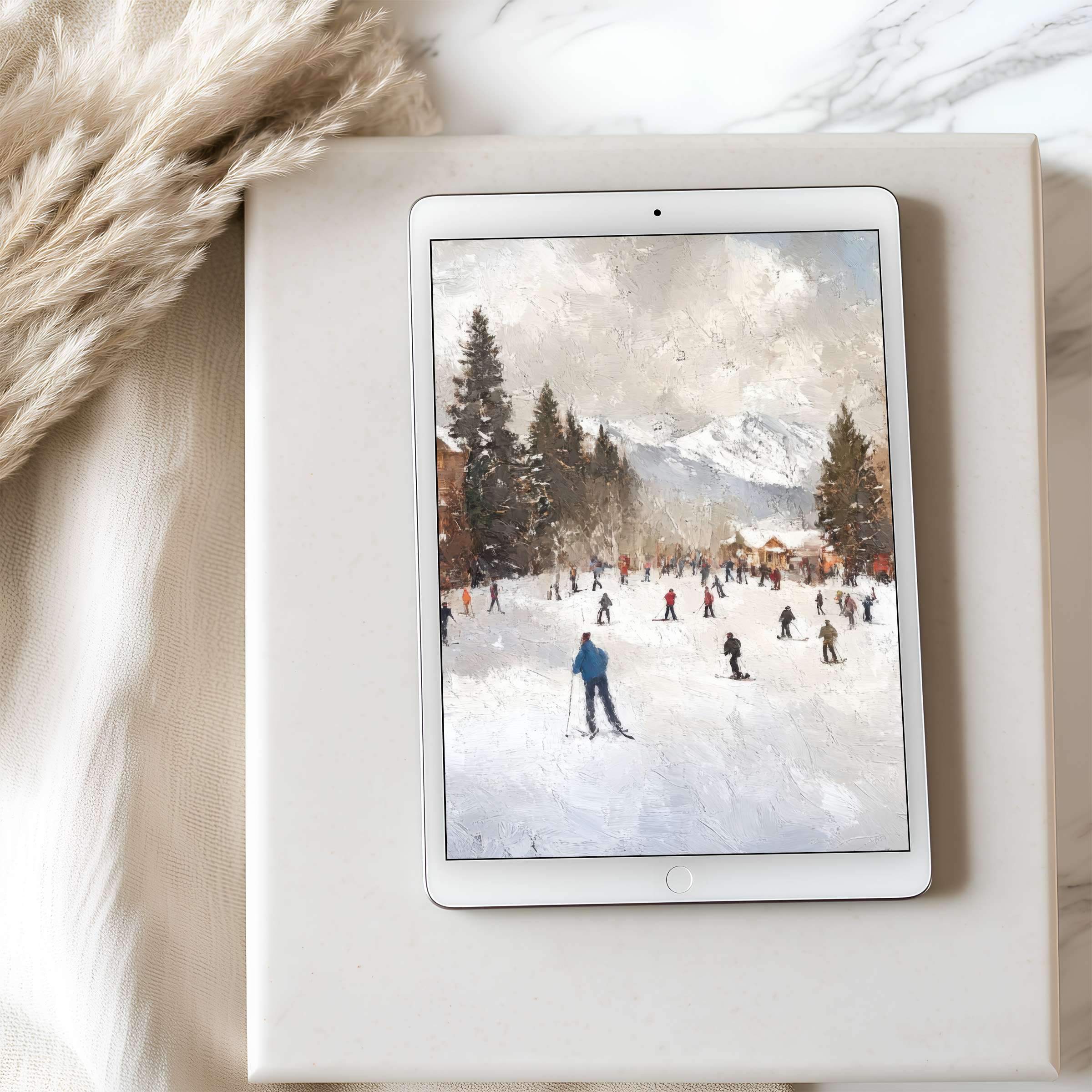 Snowy mountain scene tablet wallpaper with skiers, ideal for iPad or Android digital download, enhances calm and aesthetic spaces