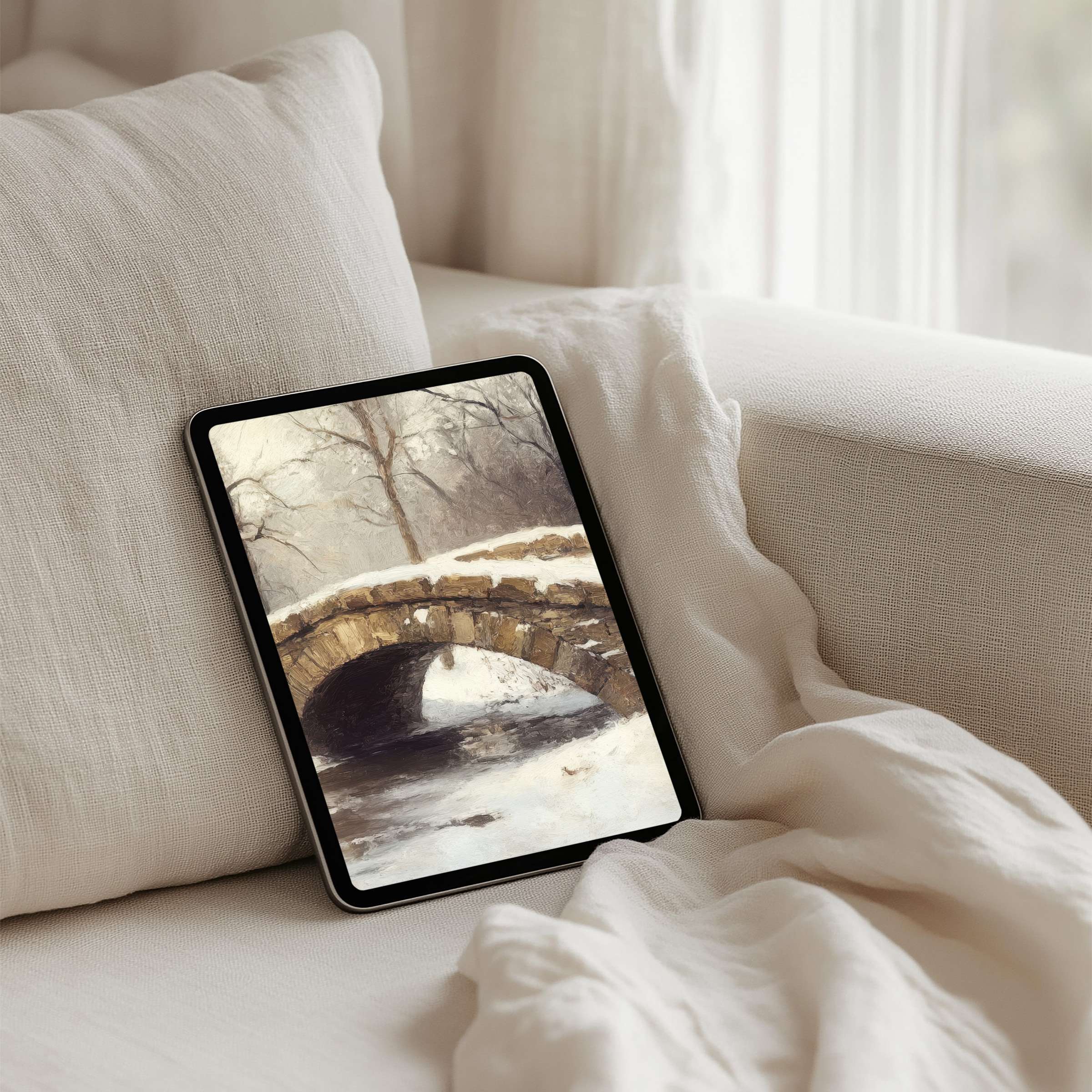 Winter bridge artwork iPad background offering instant download for tablet users seeking elegance and calm in their digital space