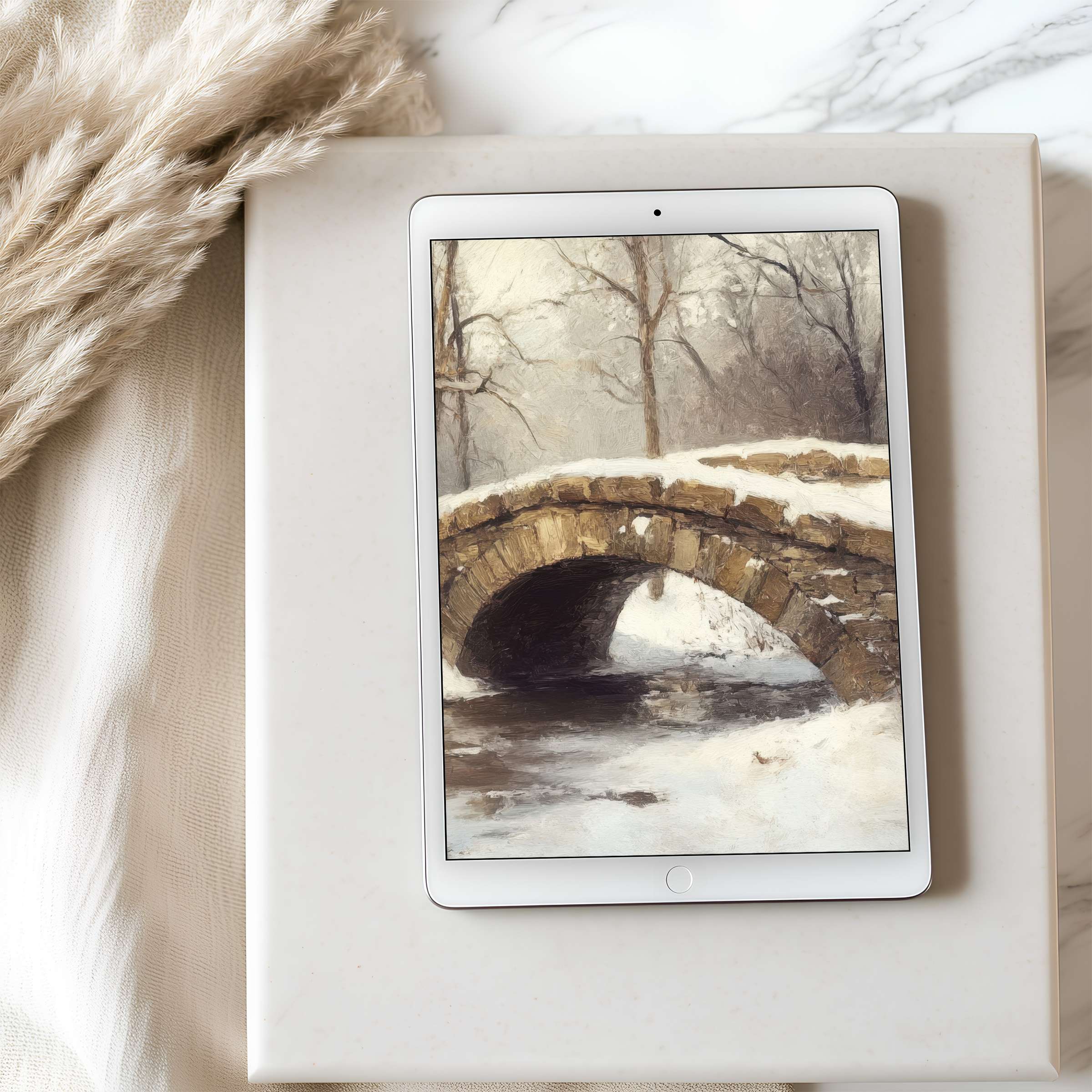 Elegant winter bridge digital art, perfect as a high resolution tablet wallpaper for iPad and Android, enhancing tranquility