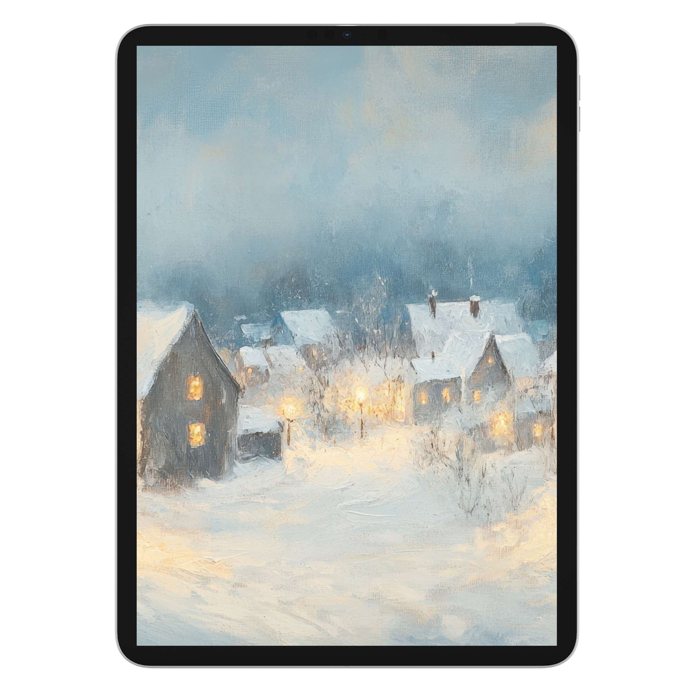 Winter iPad wallpaper with serene snowy village painting offers elegant tablet background, perfect digital download for peaceful ambiance