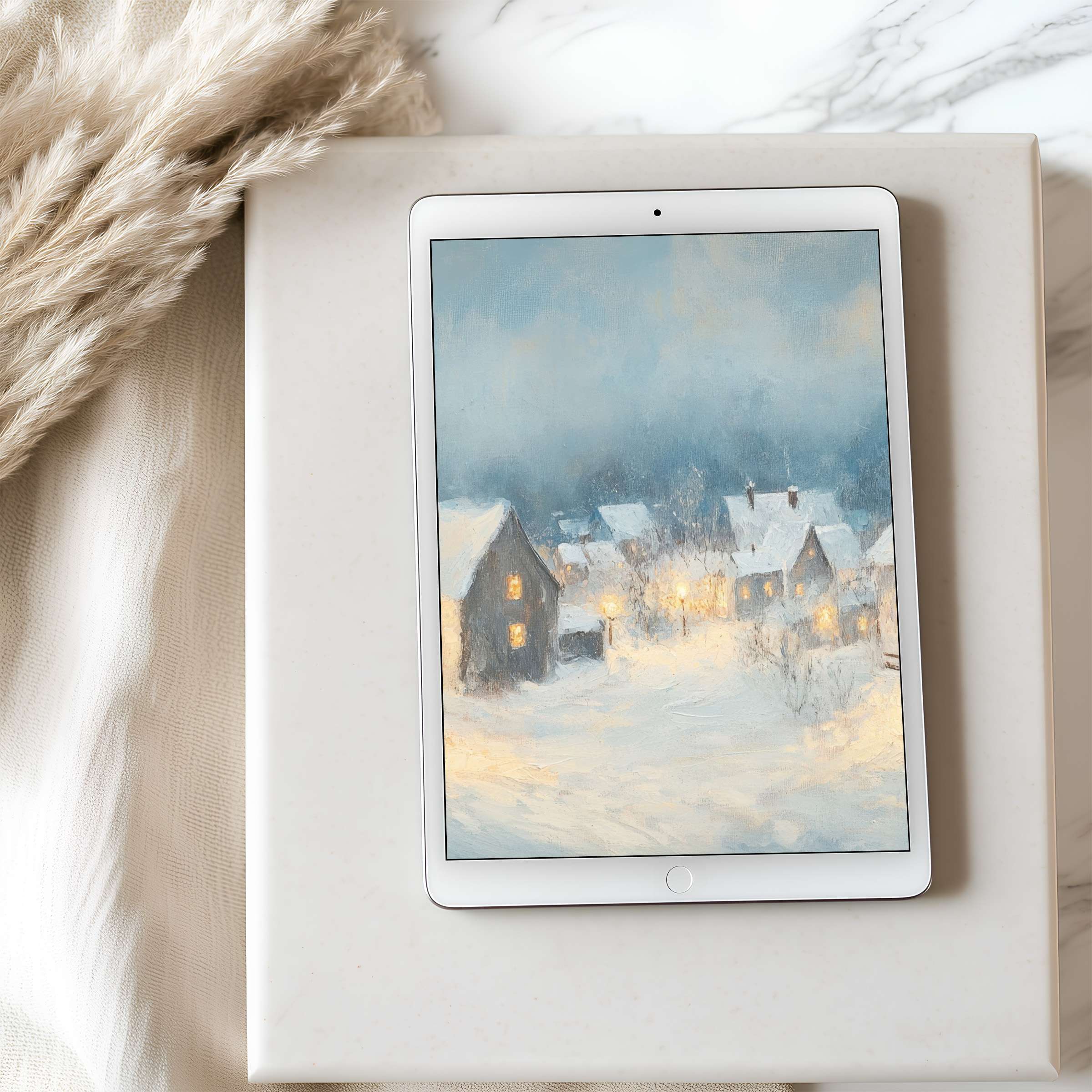 Elegant snowy village tablet wallpaper evokes serene calm, perfect for high-resolution iPad; digital download enhances eco-friendly decor