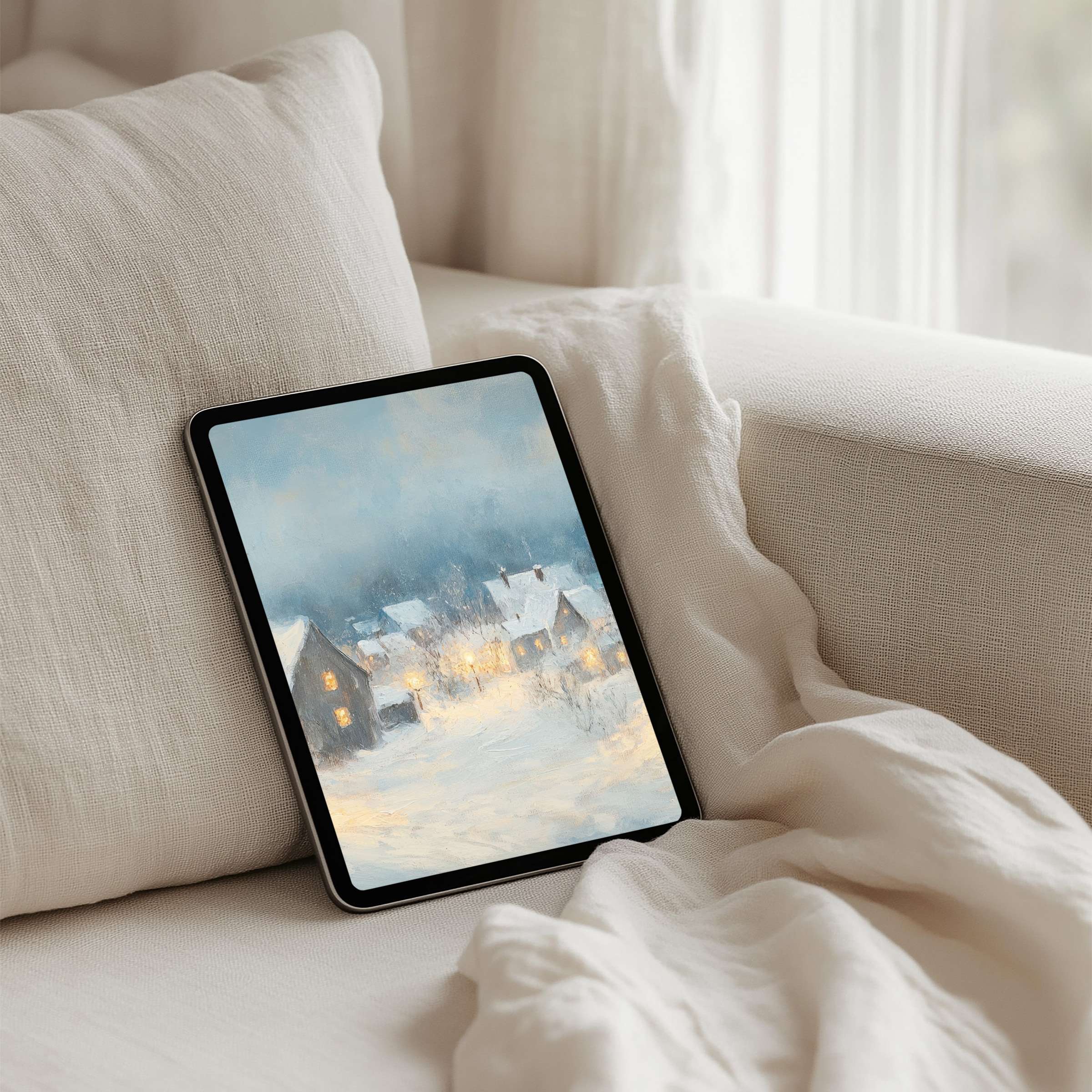 Cozy winter village painting as an iPad background evokes calm and elegance, available for instant download on any tablet