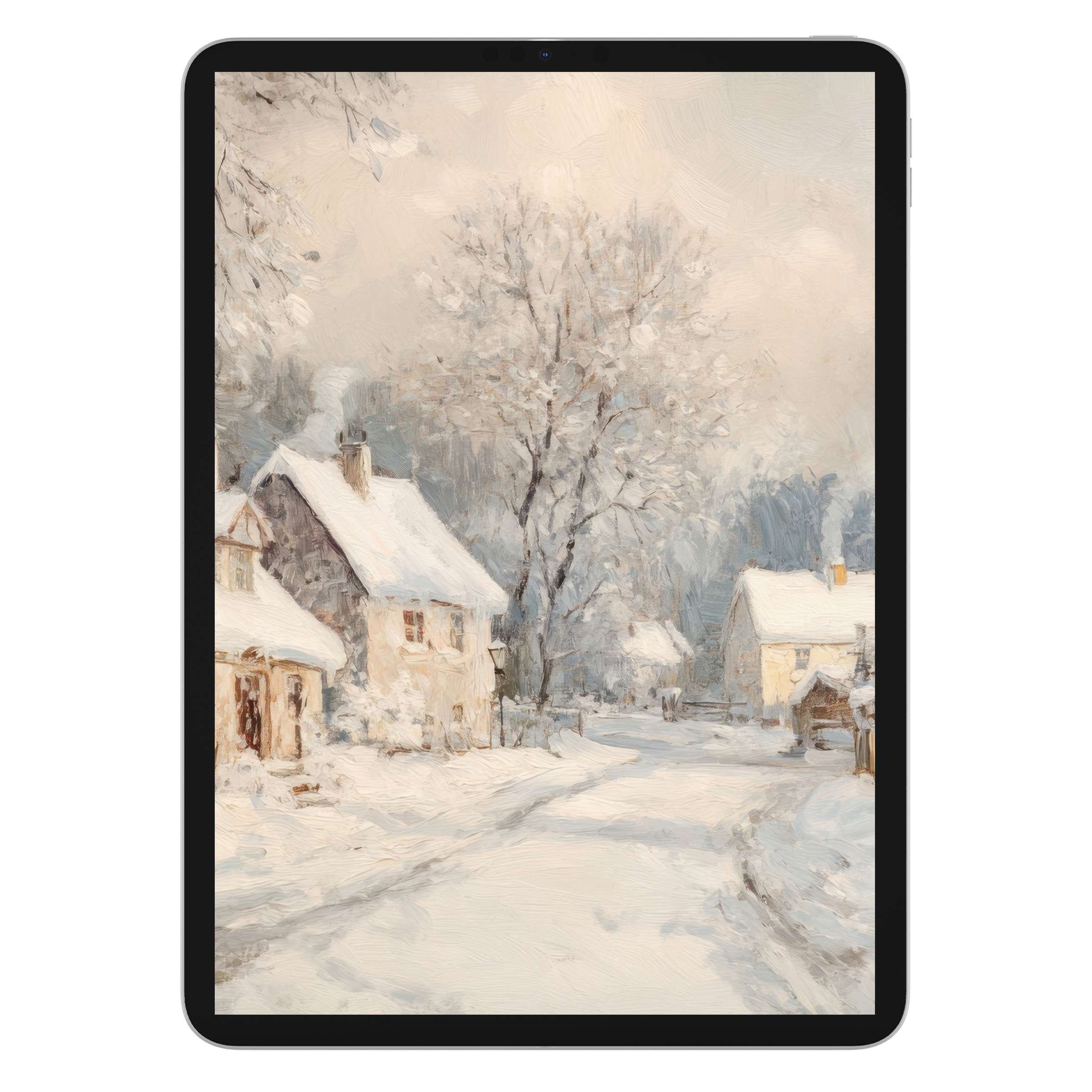 Elegant winter iPad wallpaper digital download featuring serene snowy village scene, perfect tablet background for peaceful ambiance