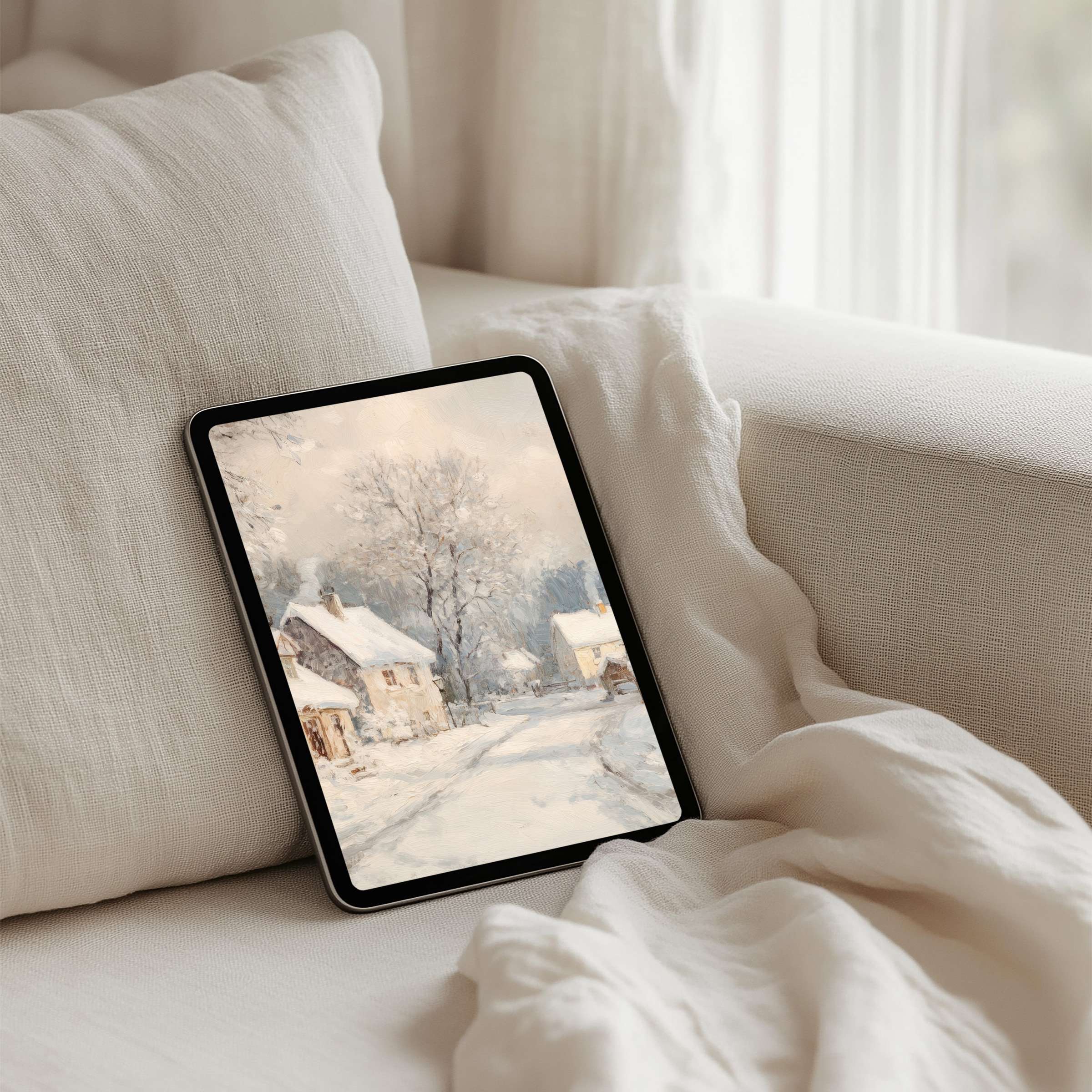 Elegant winter landscape iPad background for tablet; evoke calm and inspiration with instant download for mindful design lovers
