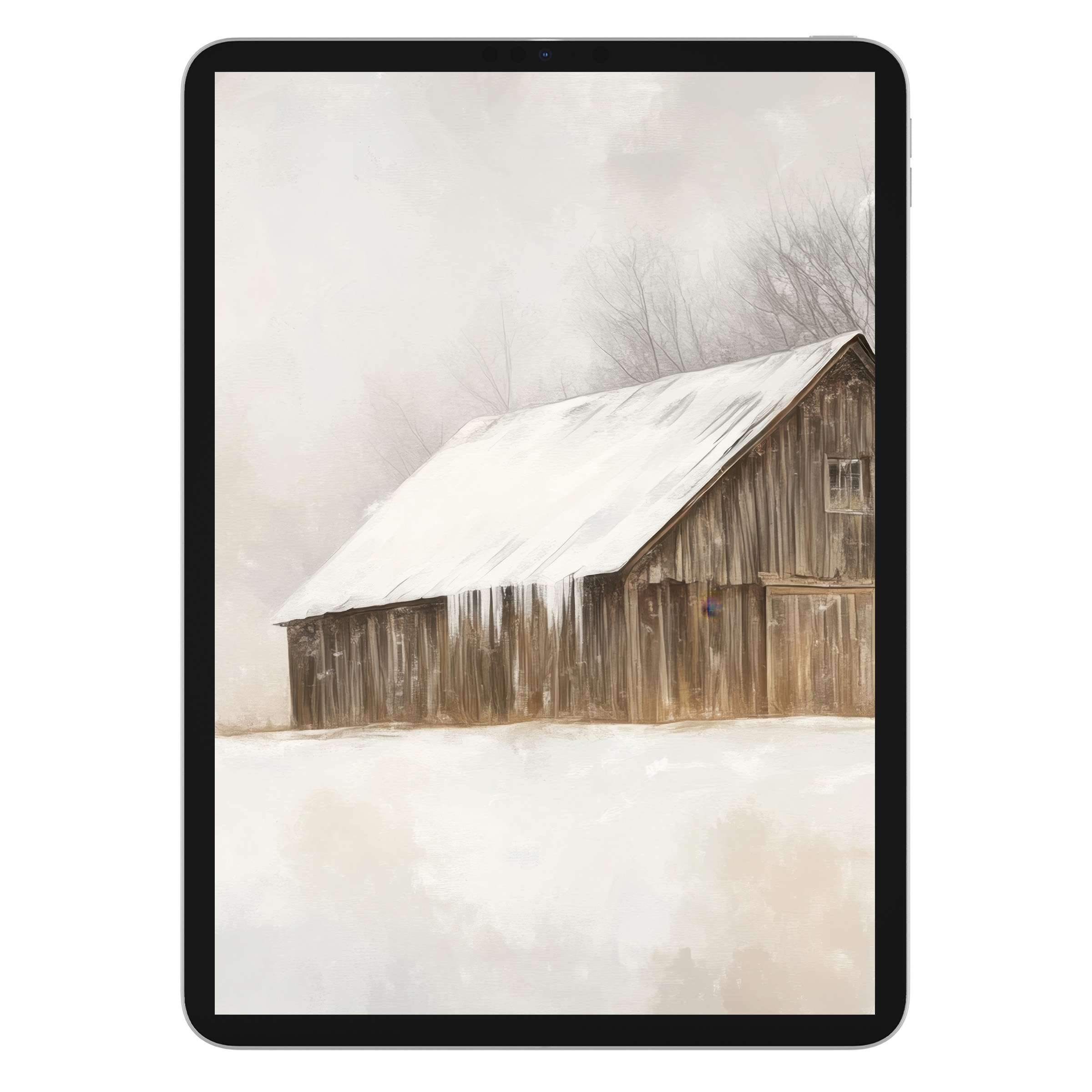 Winter iPad wallpaper featuring a cozy vintage barn amidst snowy mist, ideal background for tablet users seeking digital download serenity