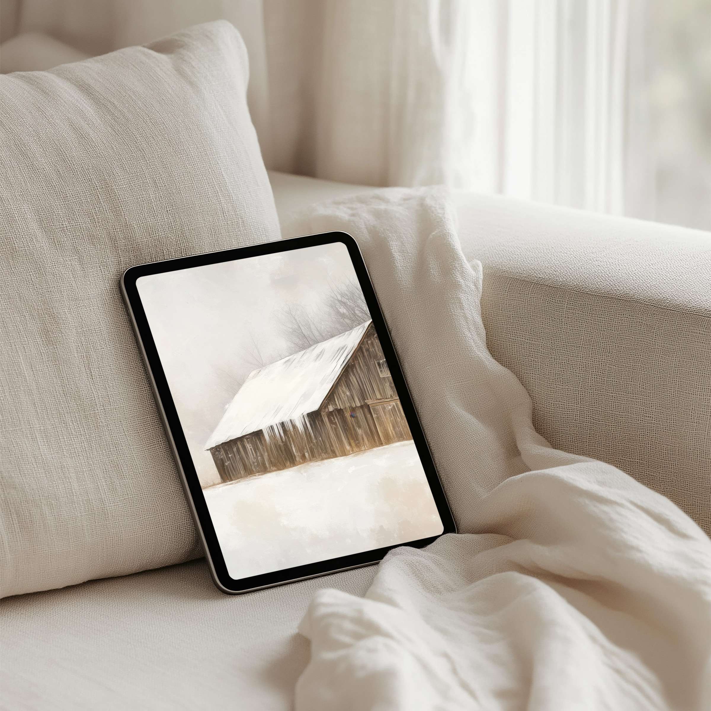 Elegant iPad background featuring a serene winter barn scene for instant download inspiring calm on any tablet device