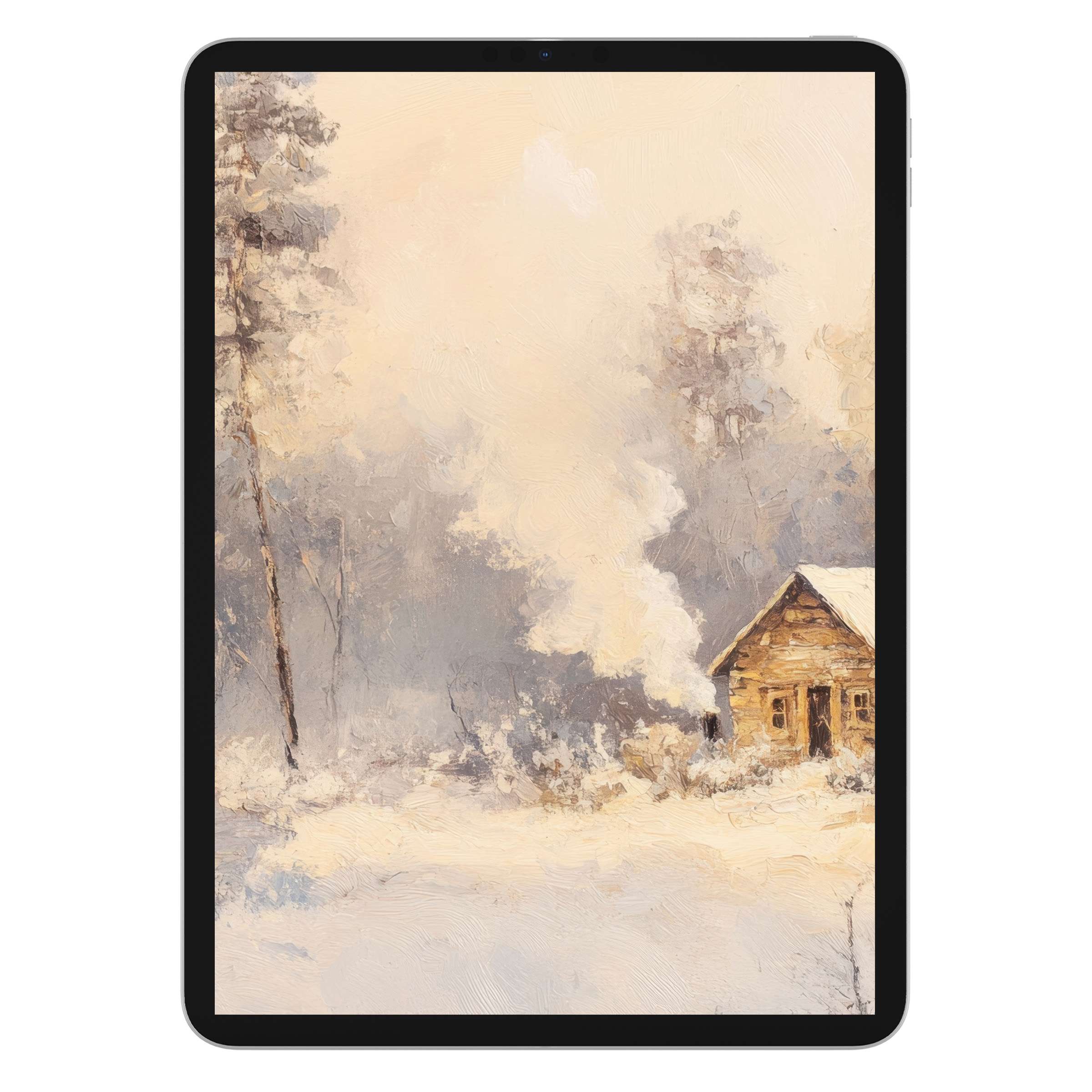 Winter iPad wallpaper digital download featuring a cozy cabin amidst snowy trees in soft pastel hues for elegant tablet background