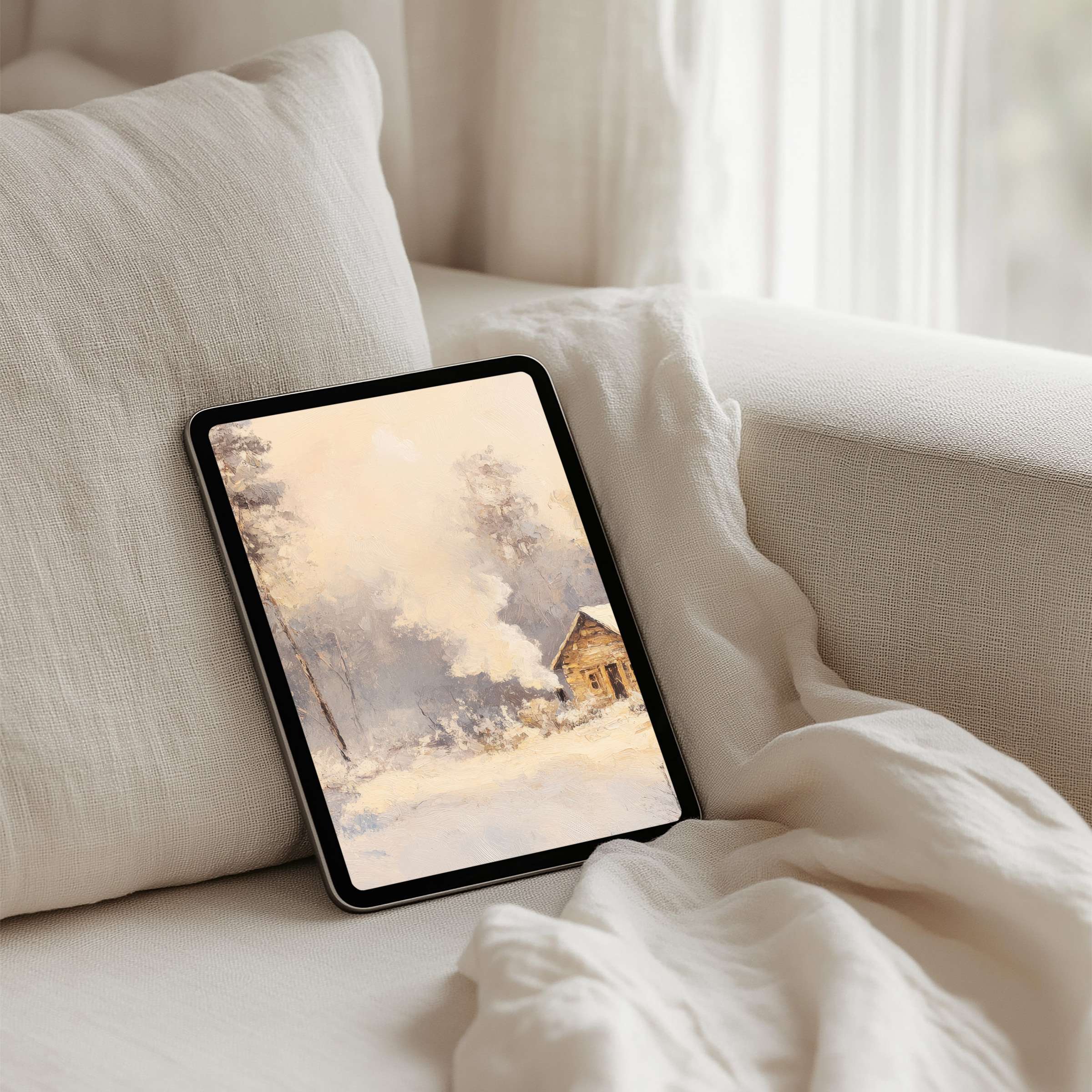 Elegant winter scene iPad background for instant download on tablet devices evokes calm inspiration and mindful elegance