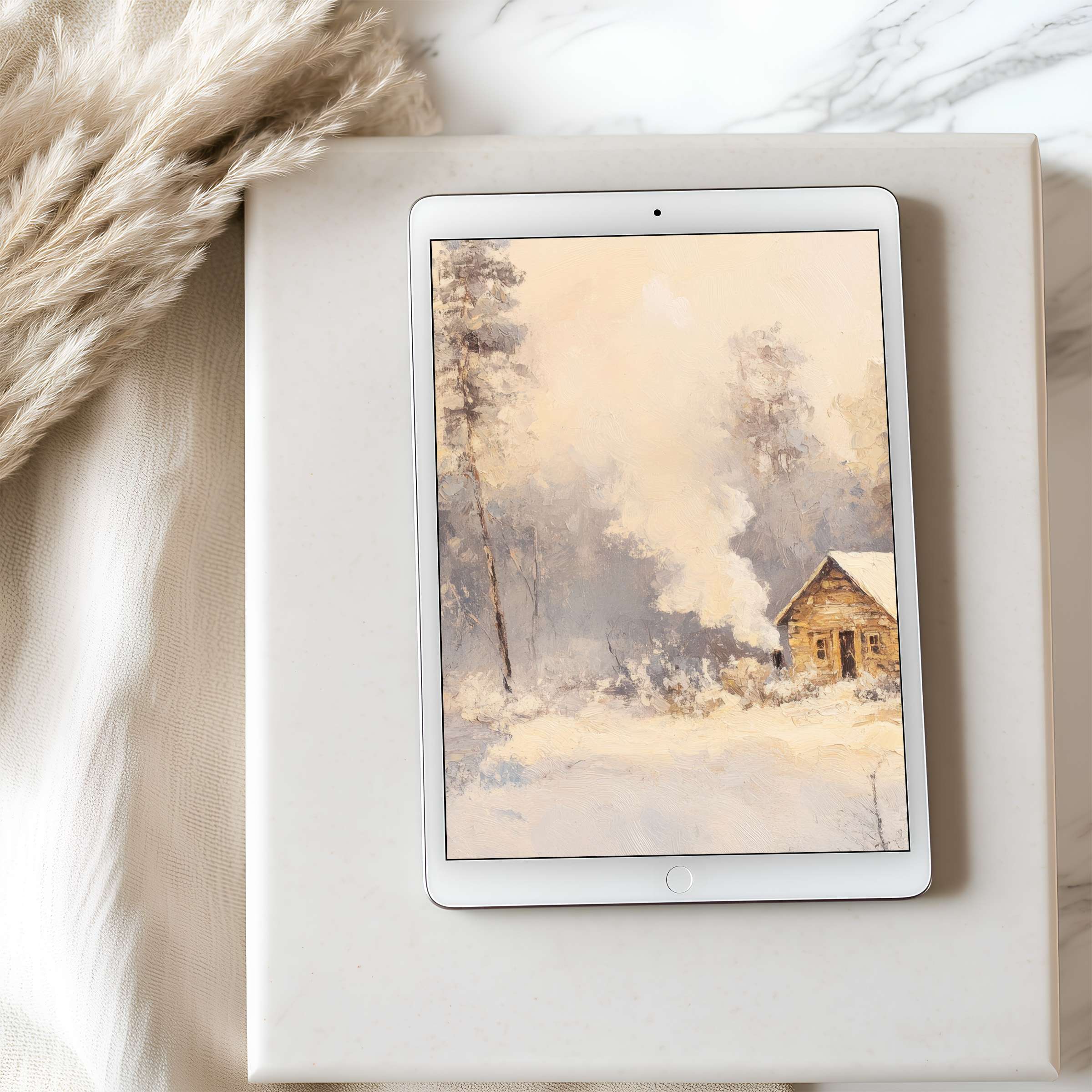 Elegant tablet wallpaper featuring a serene snowy cabin landscape, perfect for iPad use and digital download, enhancing tranquility