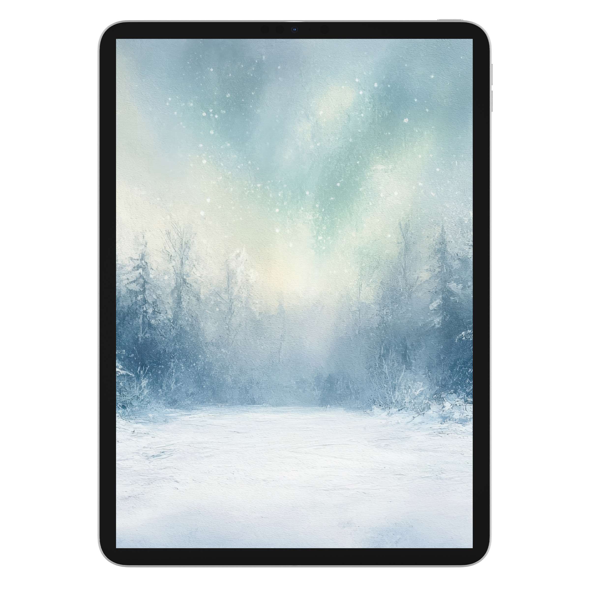 Winter iPad wallpaper featuring a serene snowy forest scene in soft blues and whites, perfect digital download for tablet background